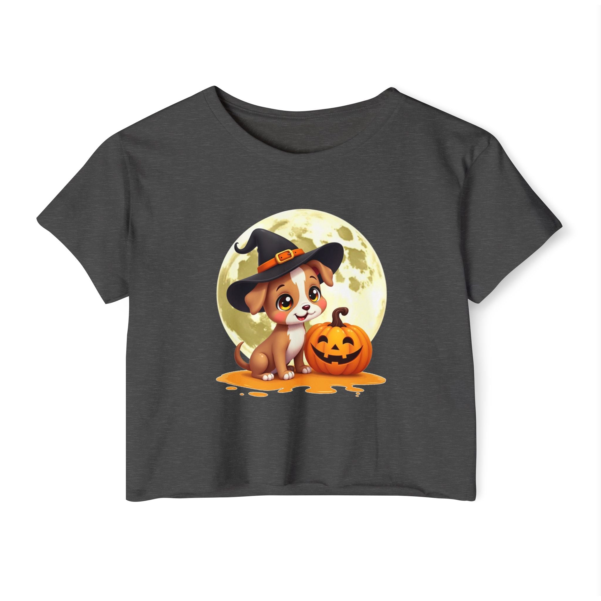 Charcoal gray t-shirt with a Halloween-themed design featuring a dog in a witch hat and pumpkin.