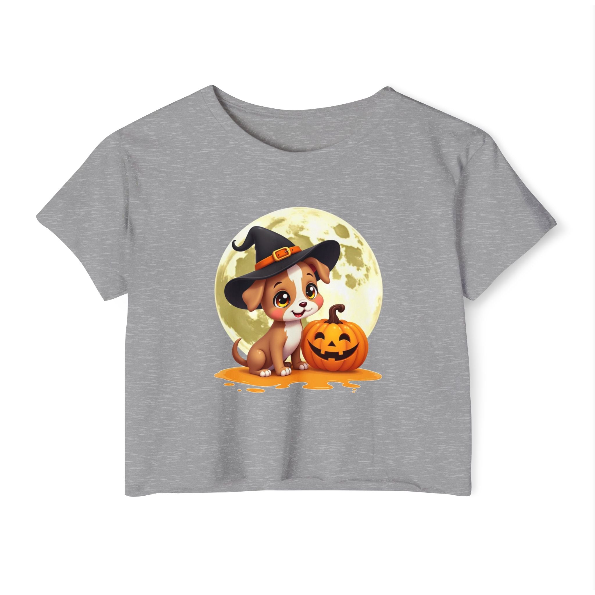 Gray t-shirt with a Halloween-themed design featuring a dog in a witch hat and pumpkin.