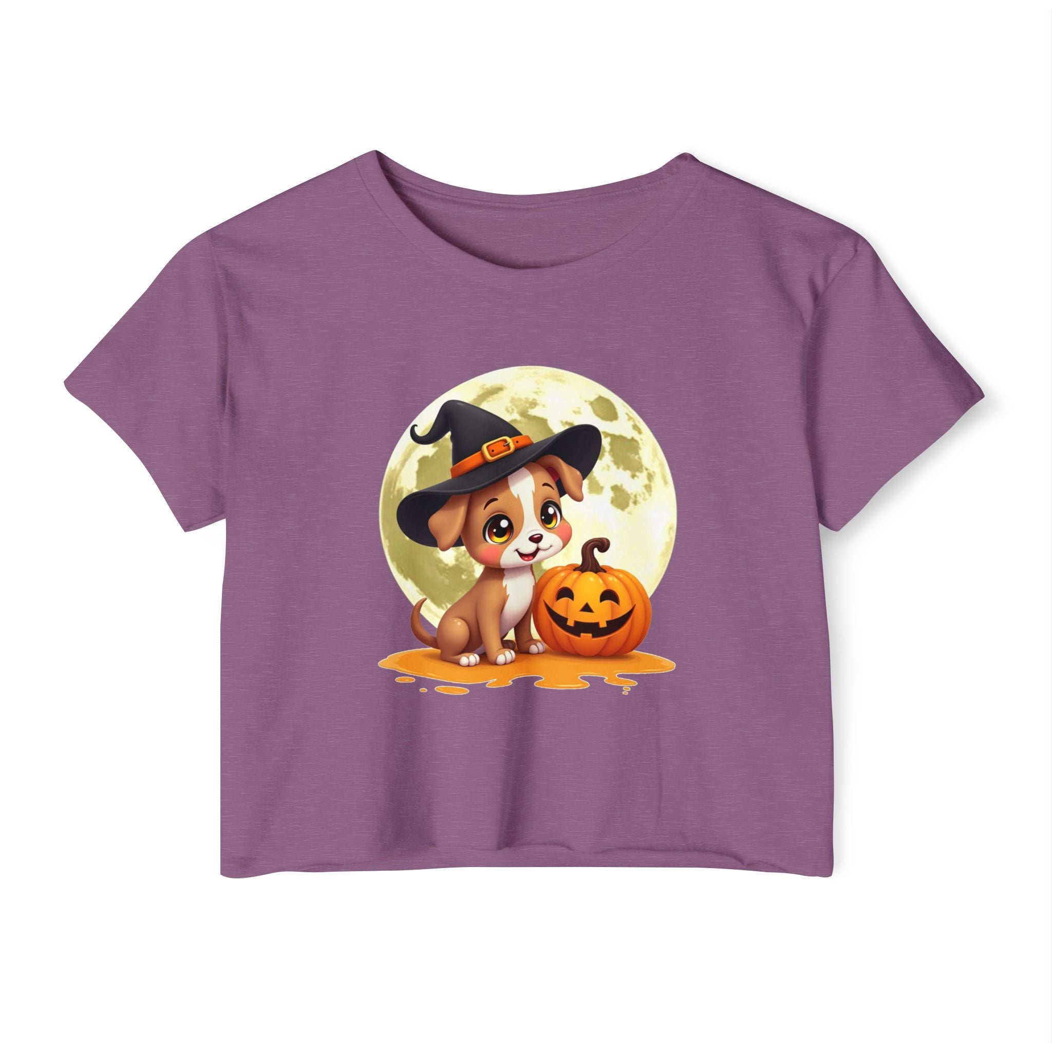 Shiraz purple t-shirt with a Halloween-themed design featuring a dog in a witch hat and pumpkin.