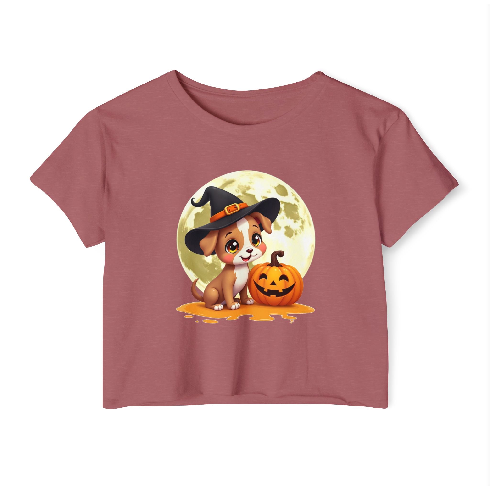 Smoked paprika t-shirt with a Halloween design featuring a dog in a witch hat and pumpkin.