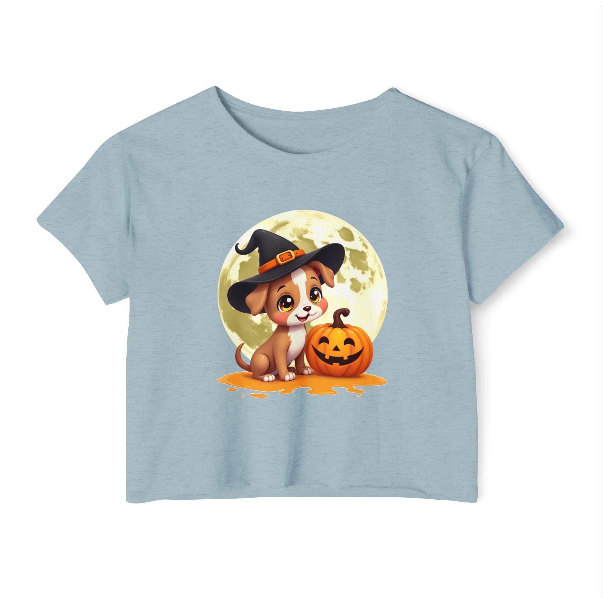 Stonewash denim light blue t-shirt with a Halloween-themed design featuring a dog in a witch hat and pumpkin.