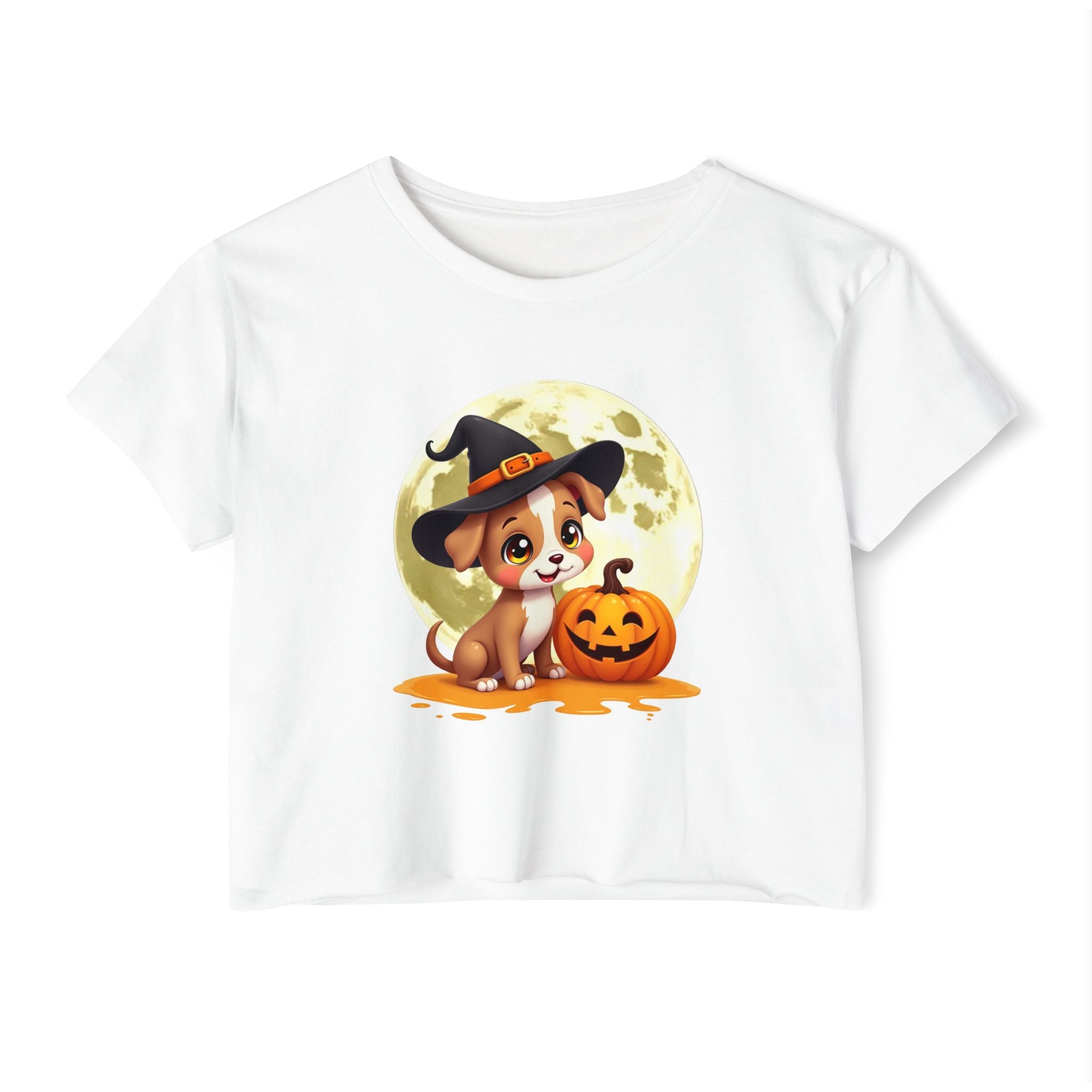 White t-shirt with a Halloween-themed design featuring a dog in a witch hat and pumpkin.