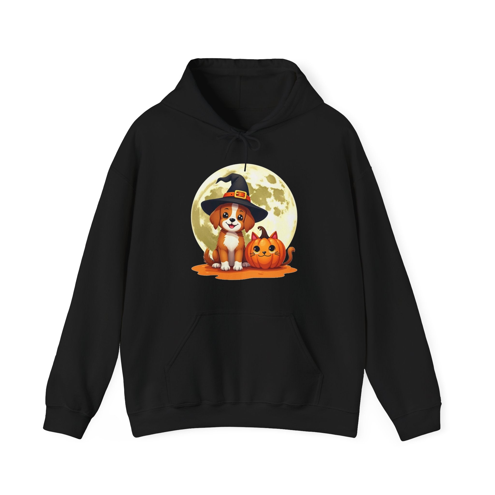 Black hoodie with a Halloween-themed design featuring a dog in a witch hat and pumpkin.