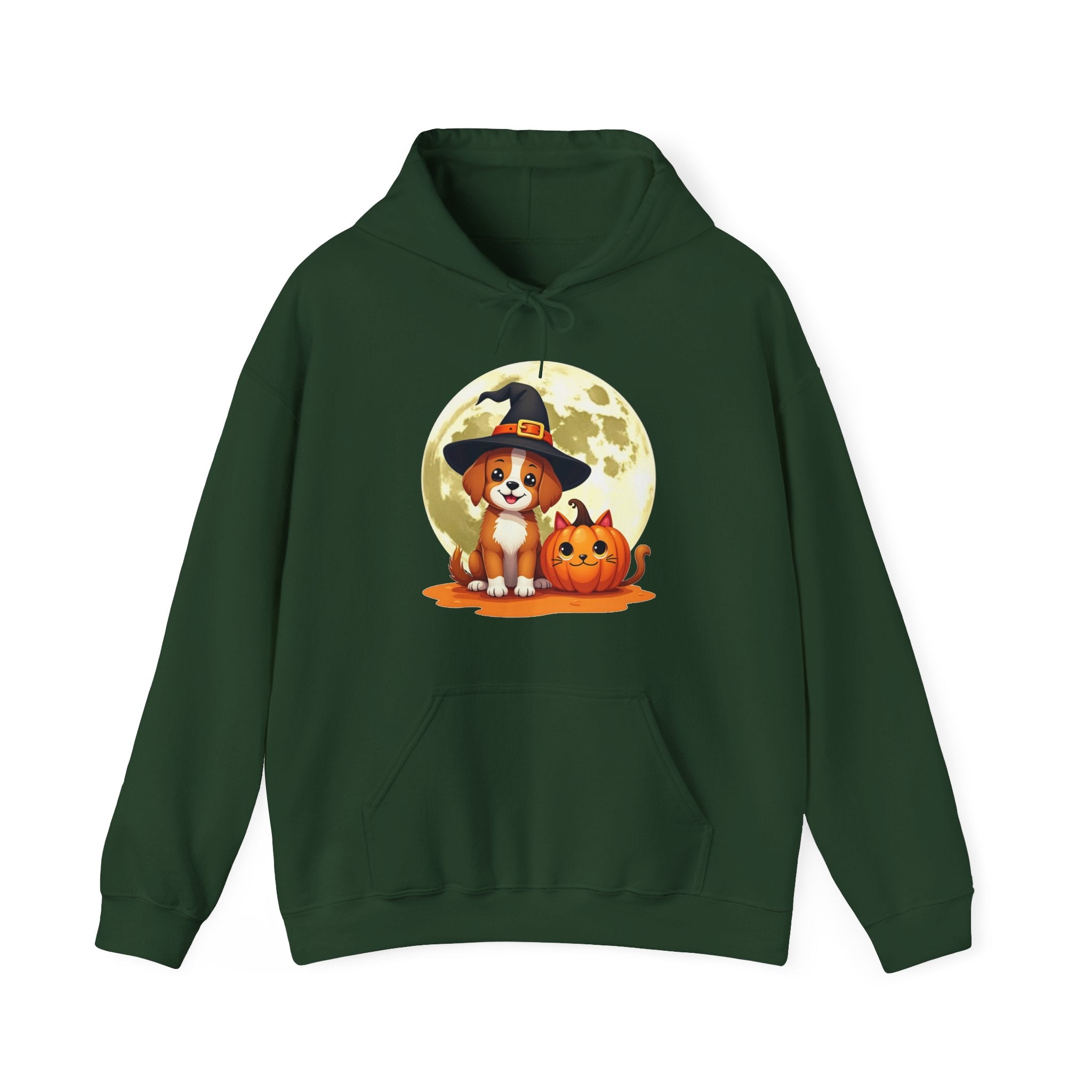 Forest green hoodie with a Halloween-themed design featuring a dog and pumpkin on a white background