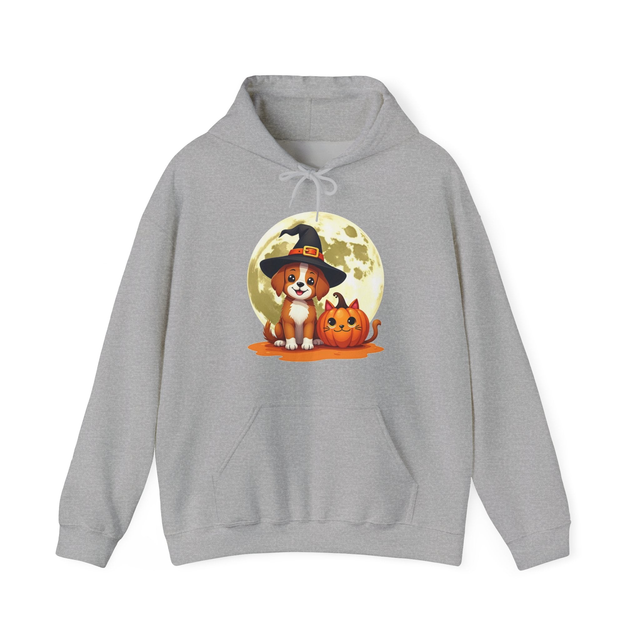 Gray hoodie with a Halloween-themed design featuring a dog and pumpkin on a white background