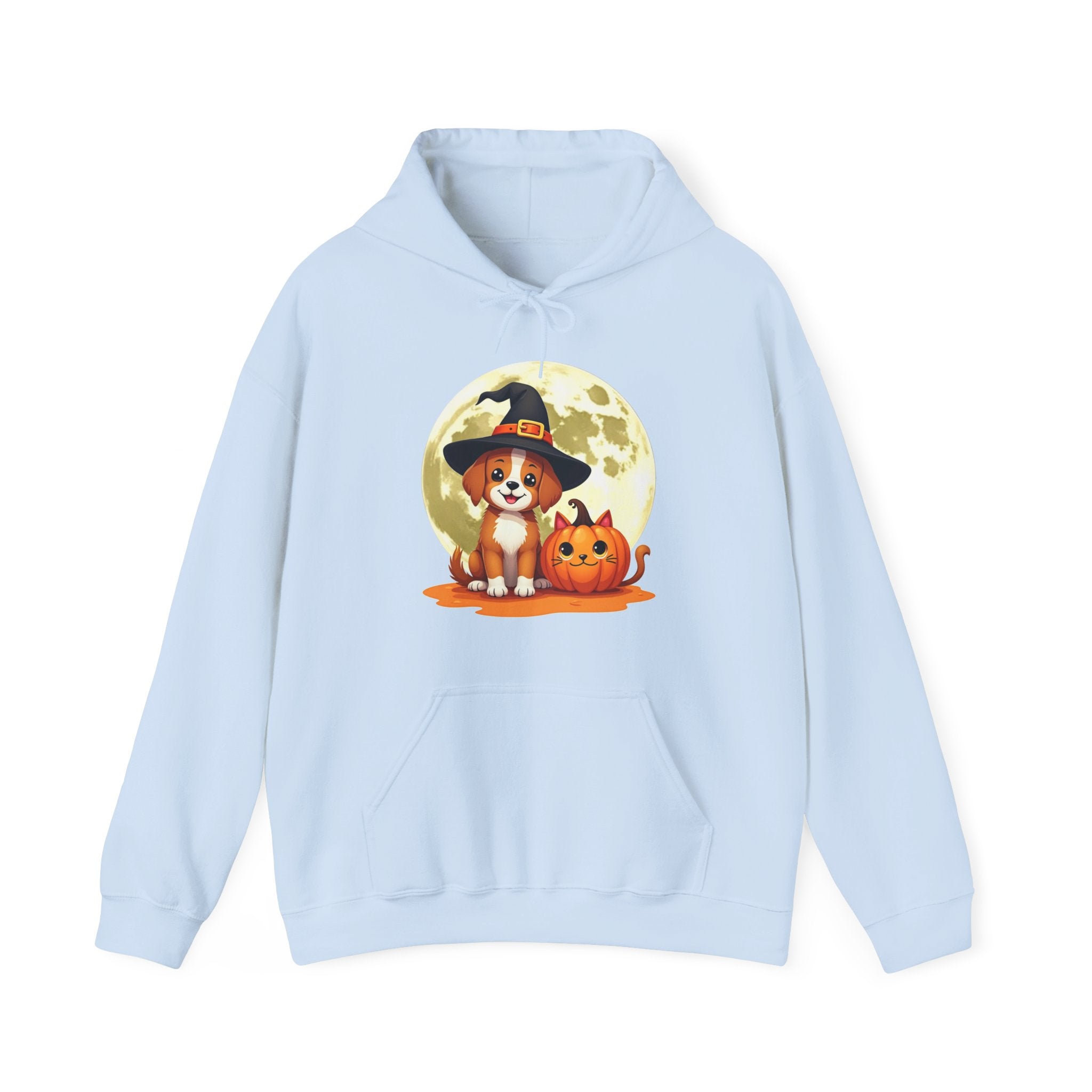 Light blue hoodie with a Halloween-themed design featuring a dog and pumpkin on a white background