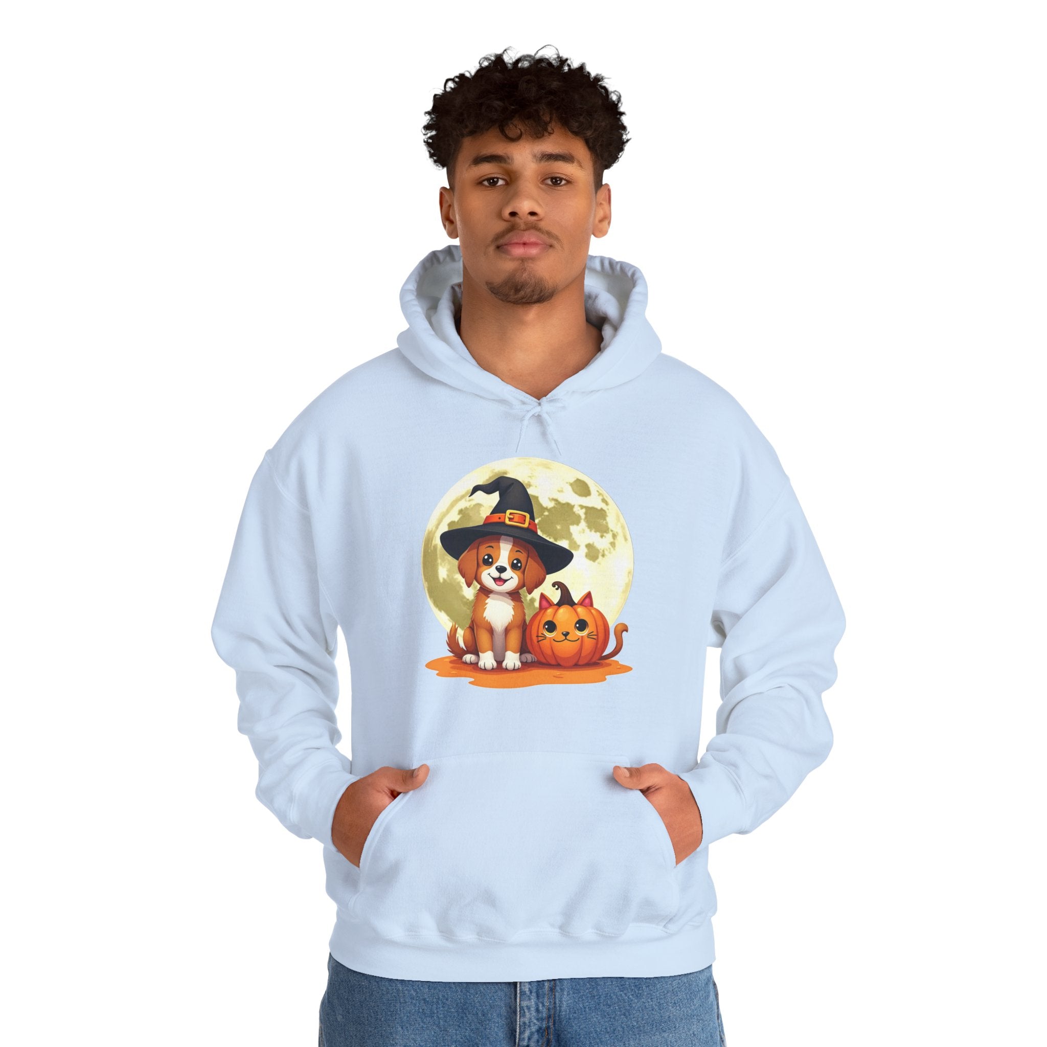 Person wearing a light blue hoodie with a Halloween-themed design featuring a dog and pumpkin.