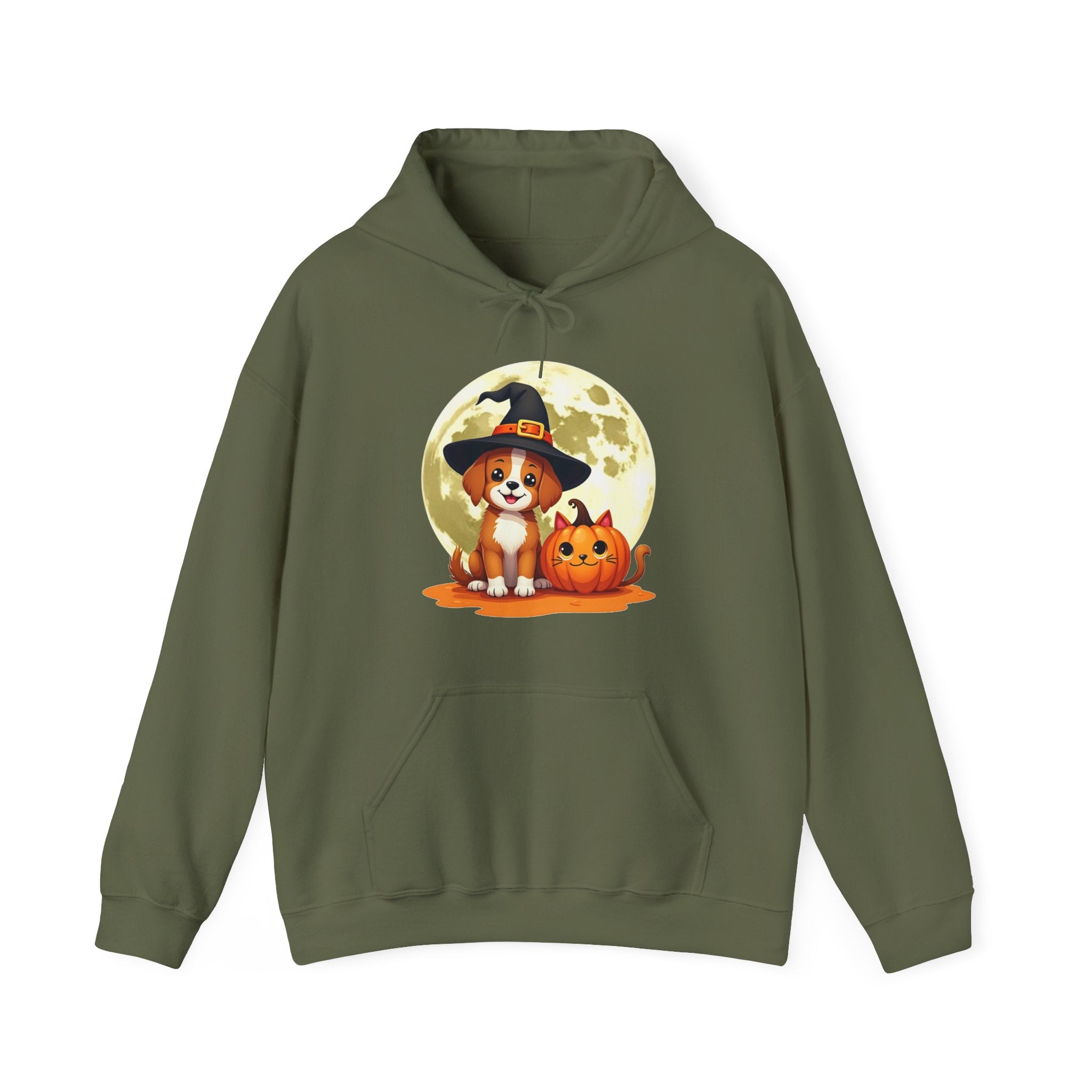 Military green hoodie with a Halloween-themed design featuring a dog and pumpkin on a white background