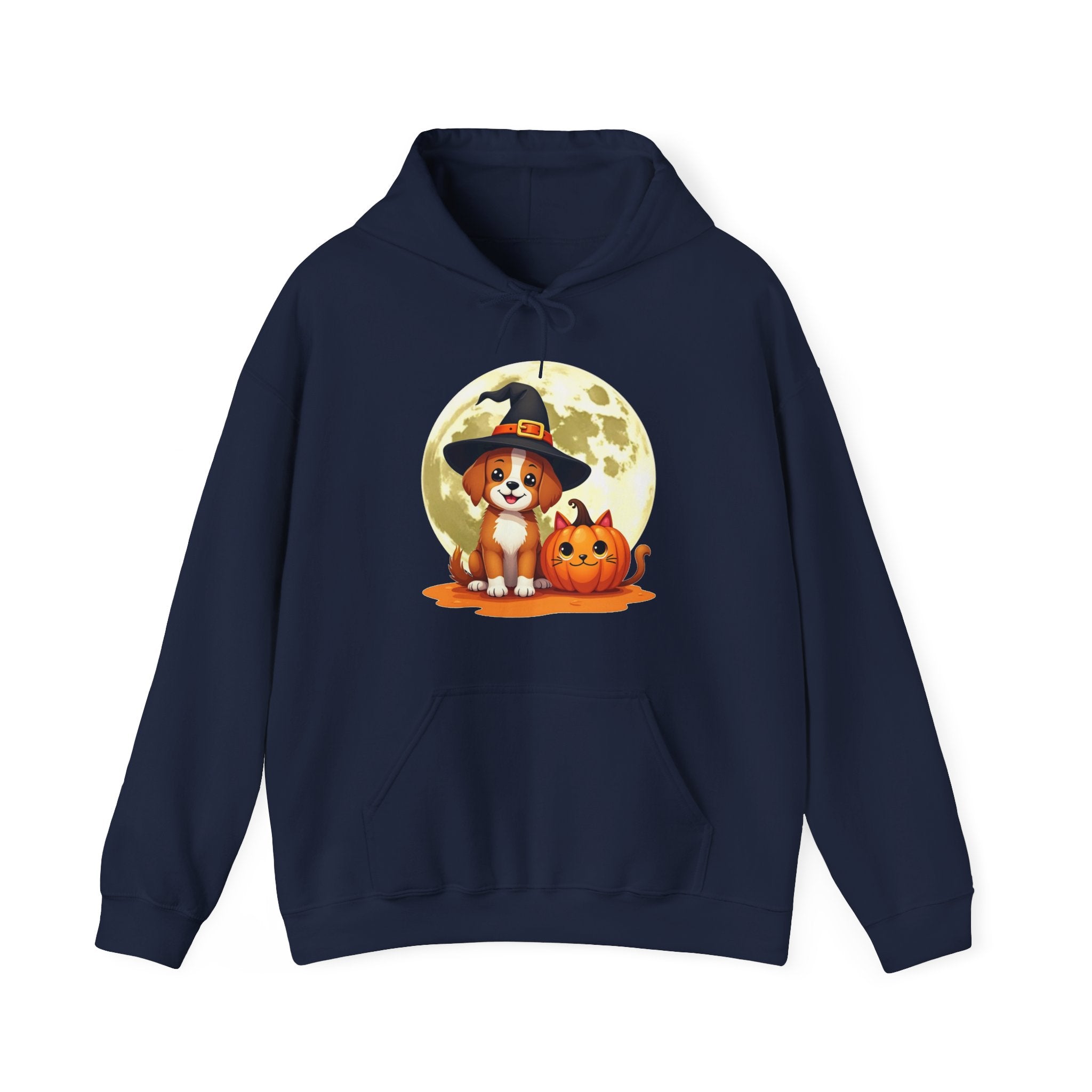 Navy blue hoodie with a Halloween-themed design featuring a dog in a witch hat and pumpkin.