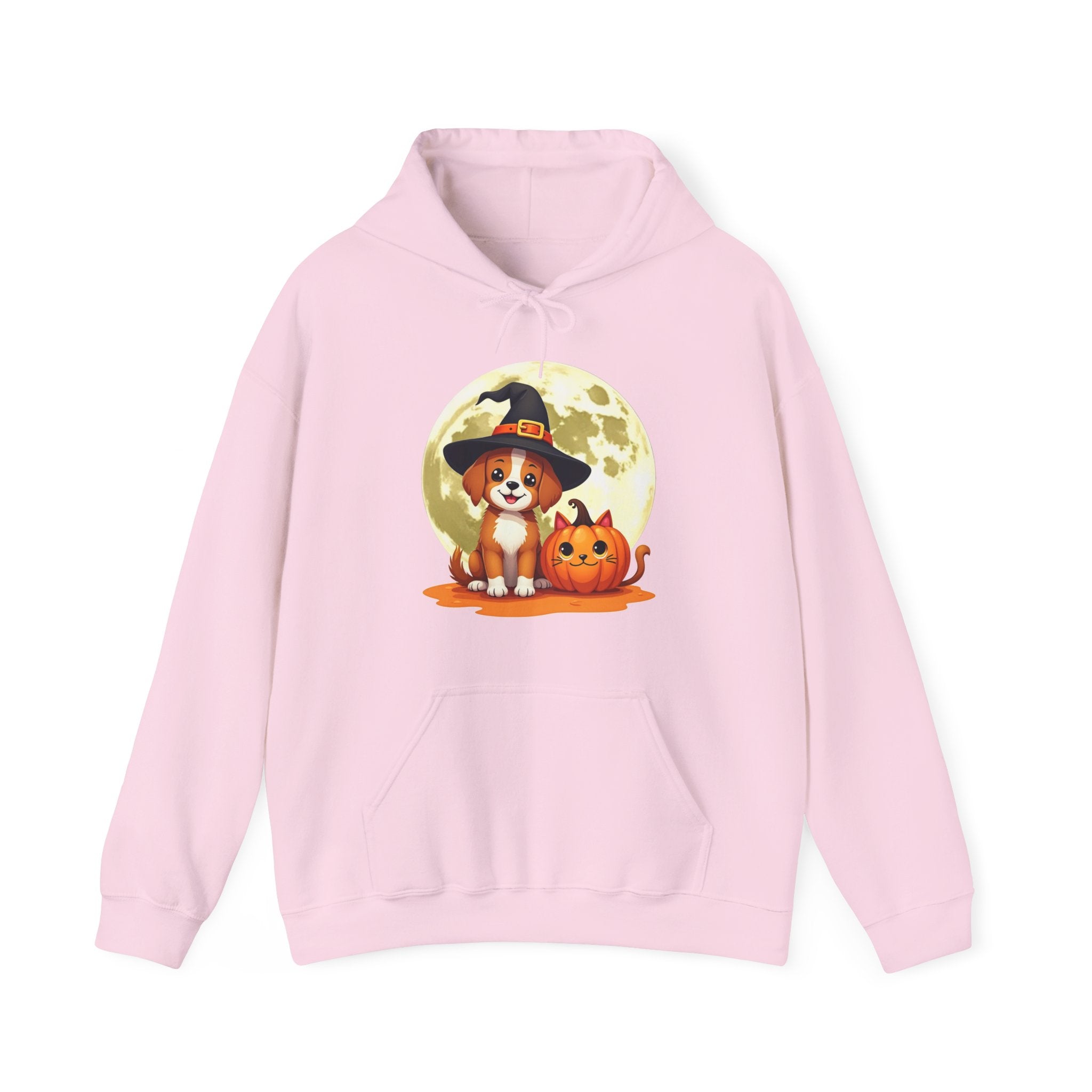 Pink hoodie with a Halloween-themed design featuring a dog and pumpkin on a white background