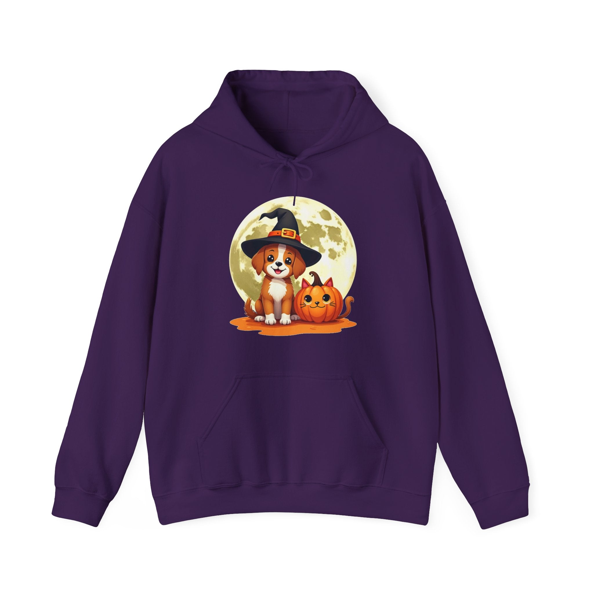 Purple hoodie with a Halloween-themed design featuring a dog and pumpkin on a white background