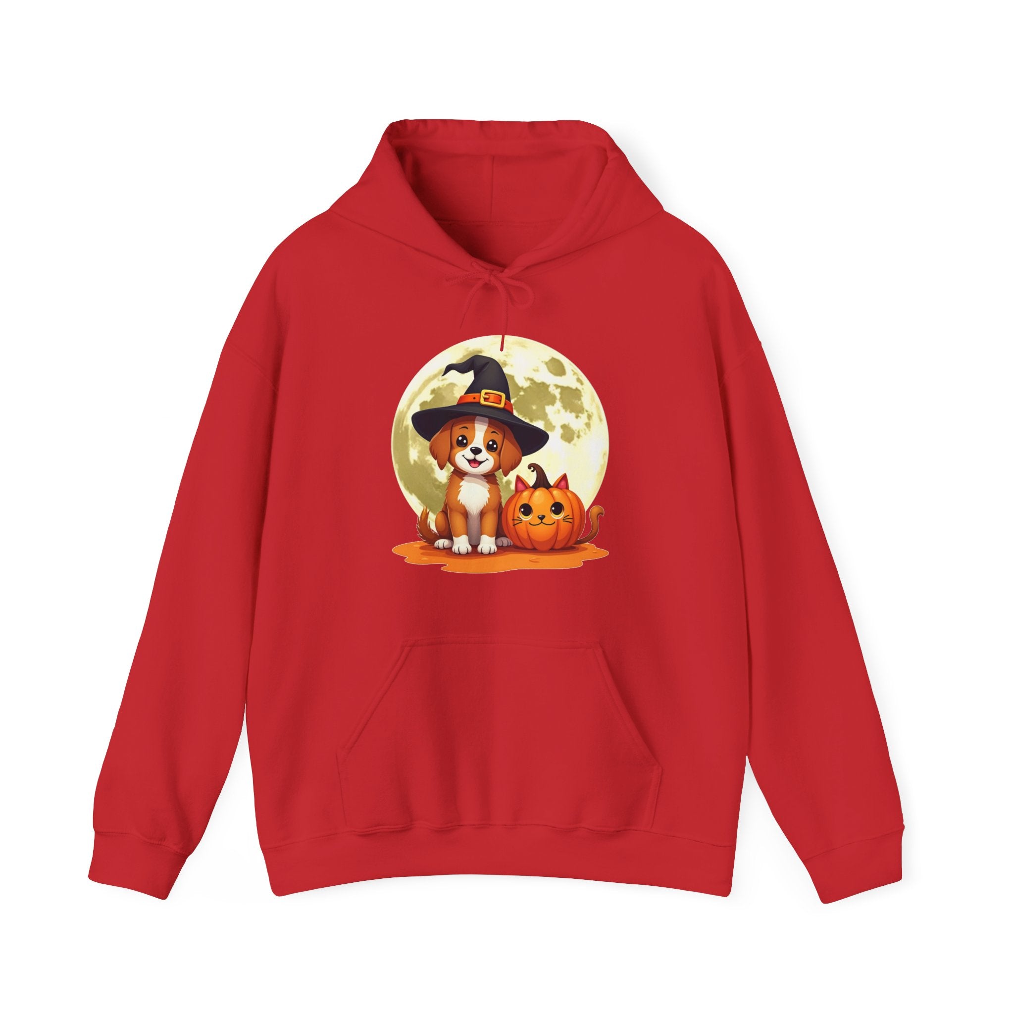 Red hoodie with a Halloween-themed design featuring a dog and pumpkin on a white background