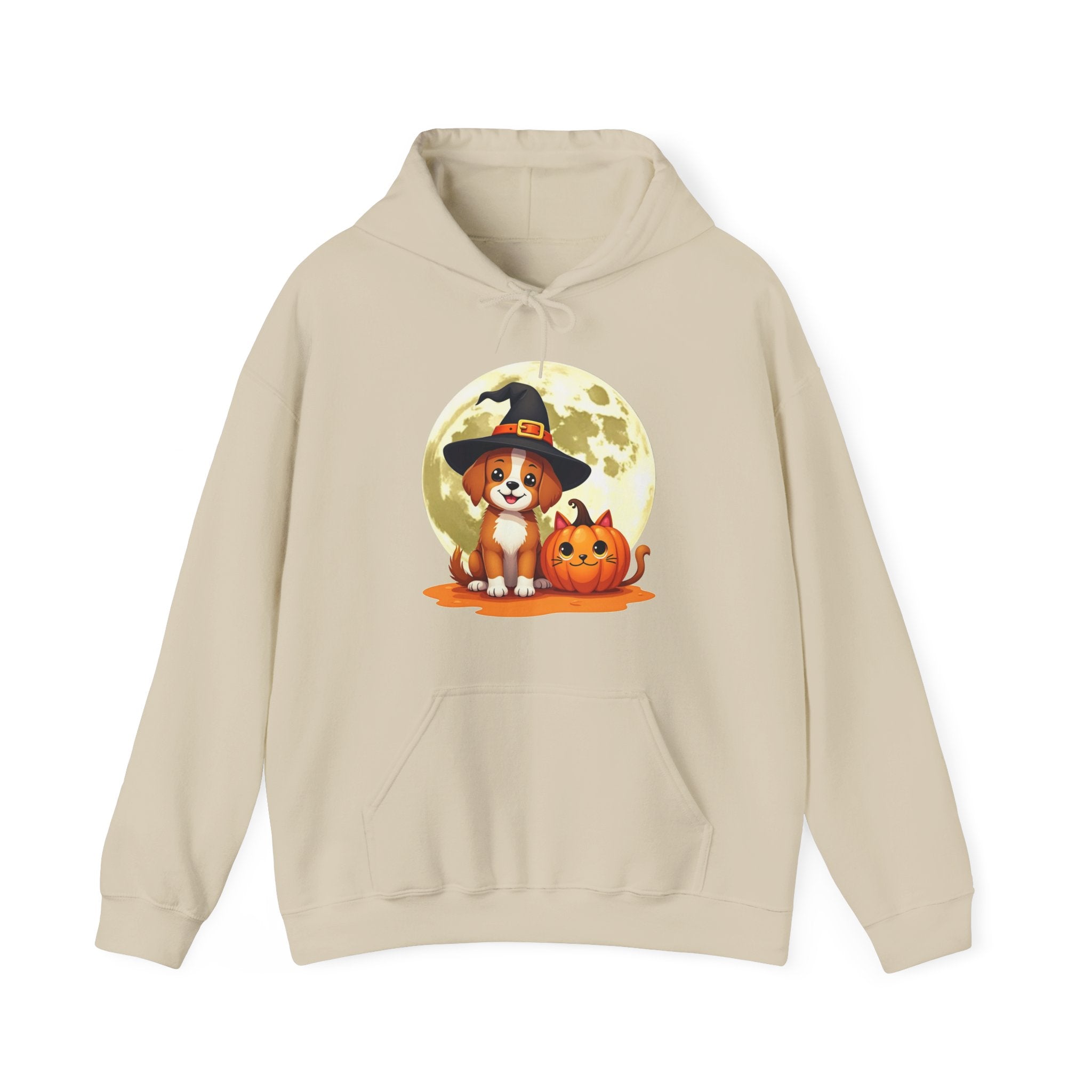 Beige hoodie with a Halloween-themed design featuring a dog and pumpkin on a white background