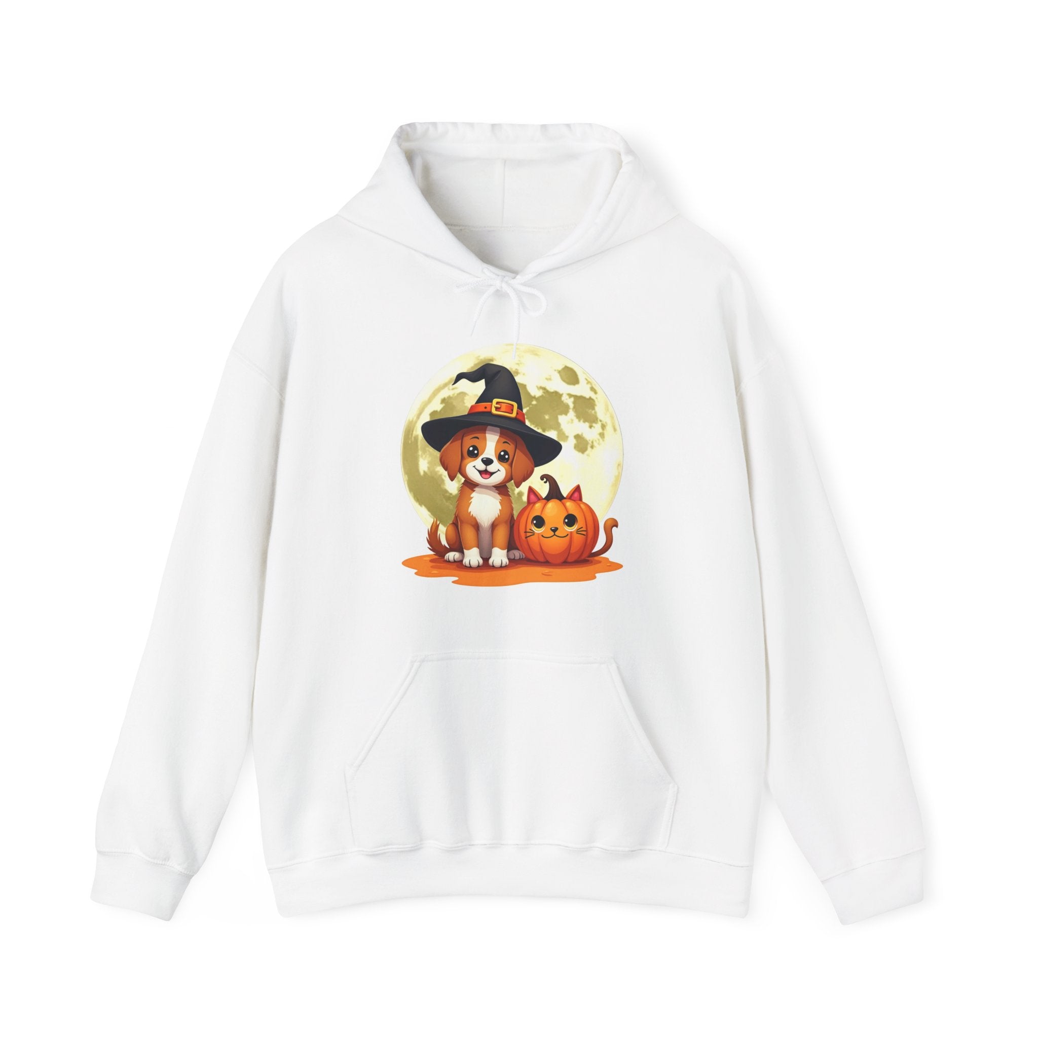 White hoodie with a Halloween-themed design featuring a dog and pumpkin on a white background