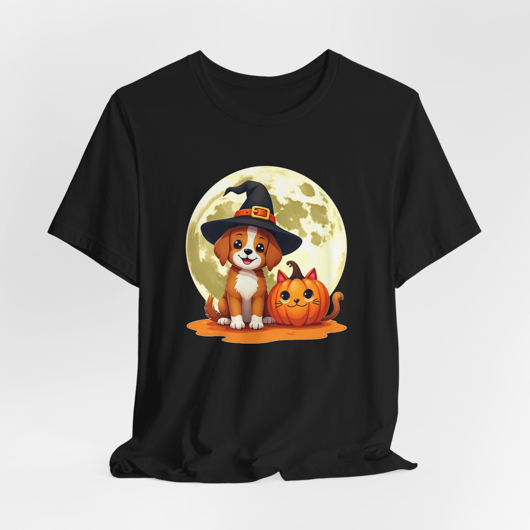 Black t-shirt with a Halloween-themed design featuring a dog in a witch hat and pumpkin.