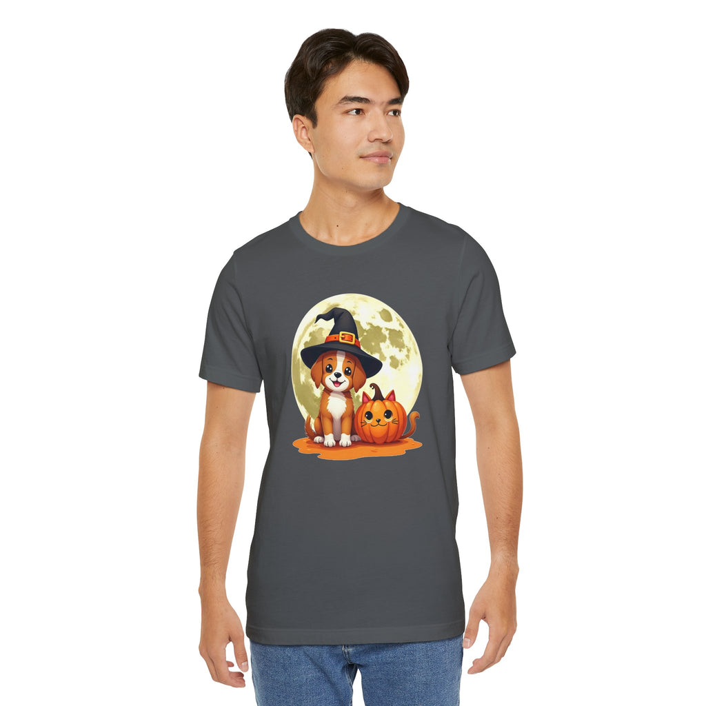 Man wearing a dark gray t-shirt with a Halloween-themed design featuring a dog in a witch hat and pumpkin.