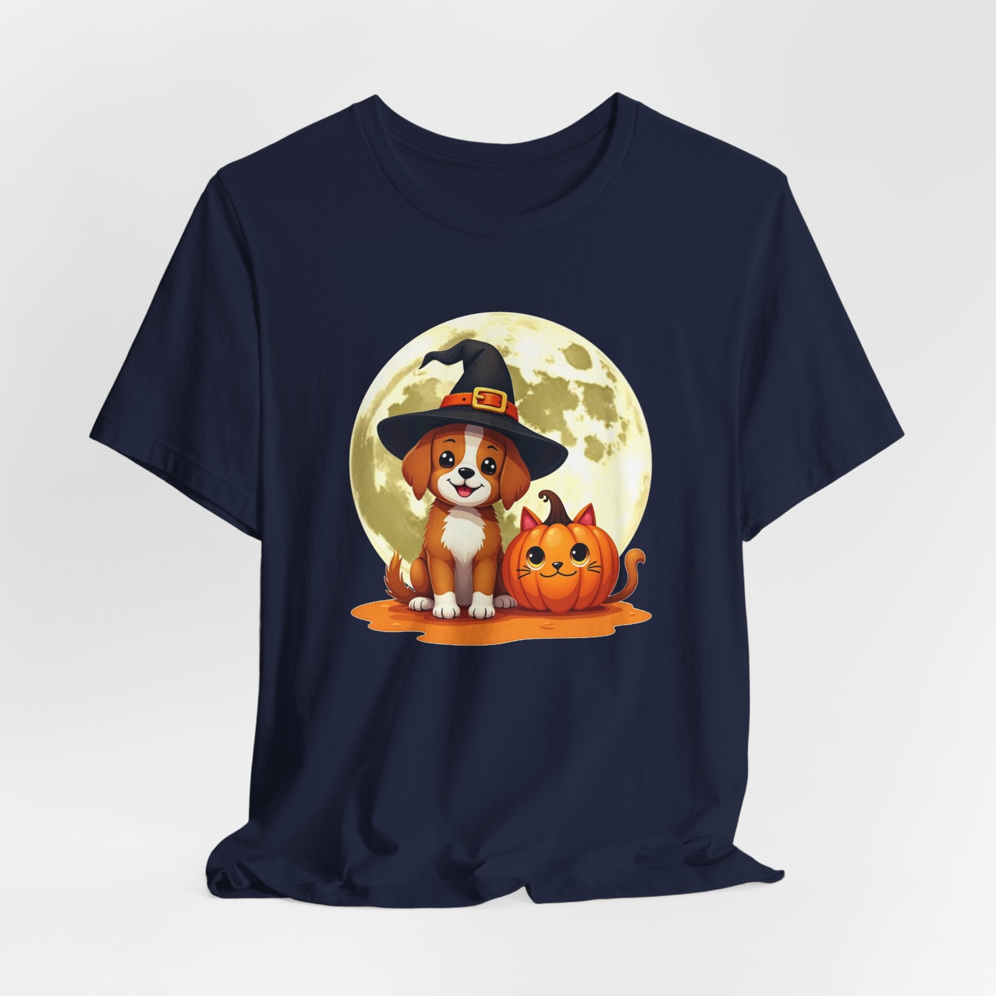 Navy blue t-shirt with a Halloween-themed design featuring a dog in a witch hat and pumpkin.