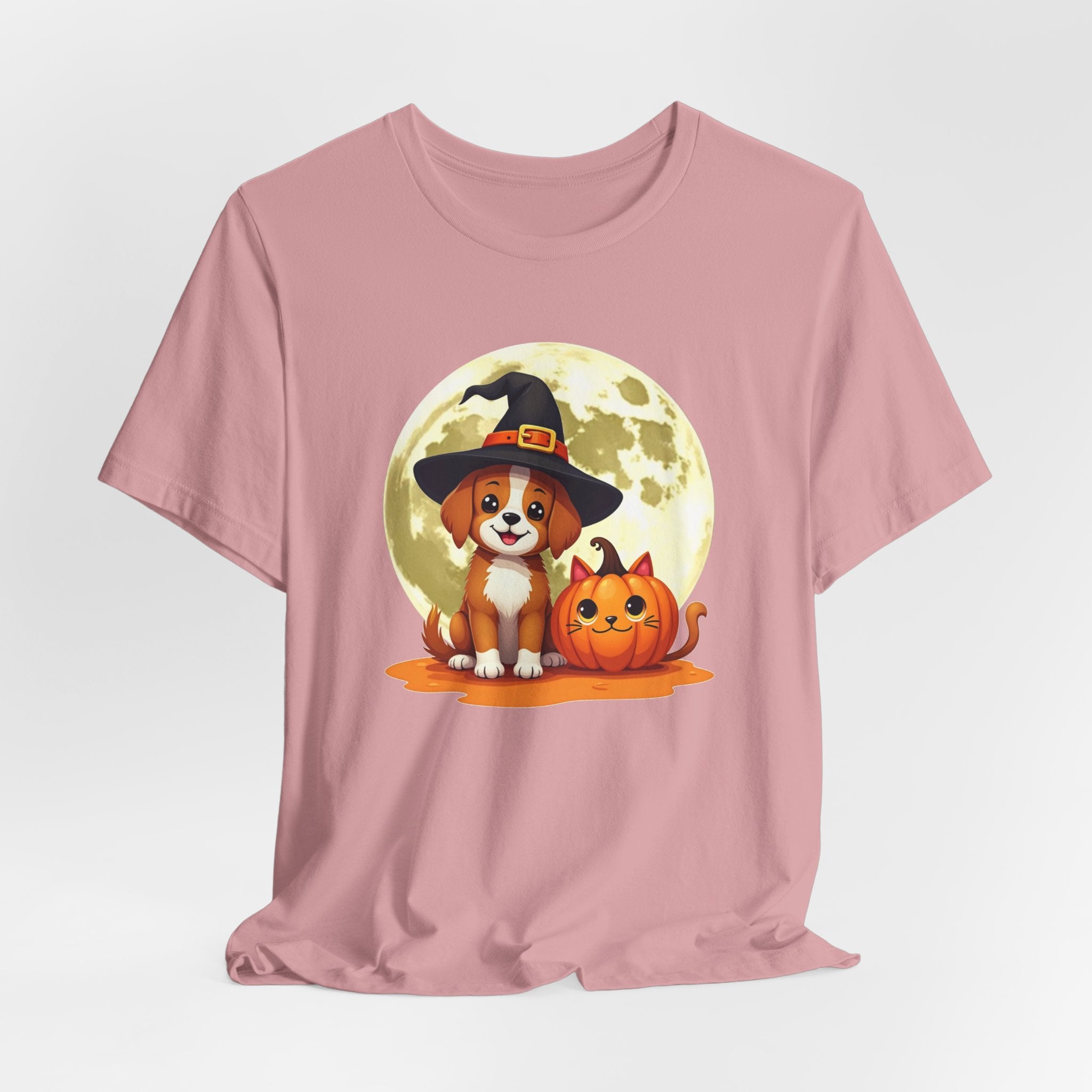 Orchid pink t-shirt with a Halloween-themed design featuring a dog in a witch hat and pumpkin.
