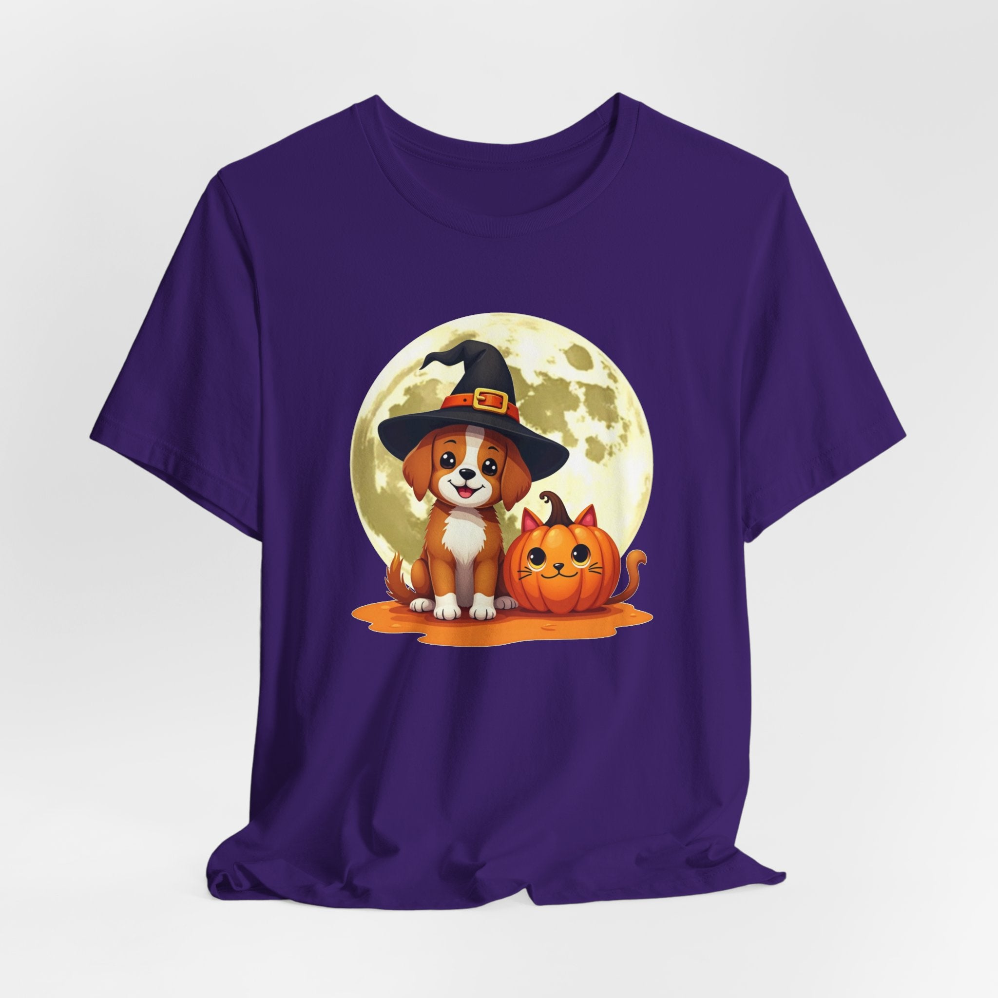 Purple t-shirt with a Halloween-themed design featuring a dog in a witch hat and pumpkin.