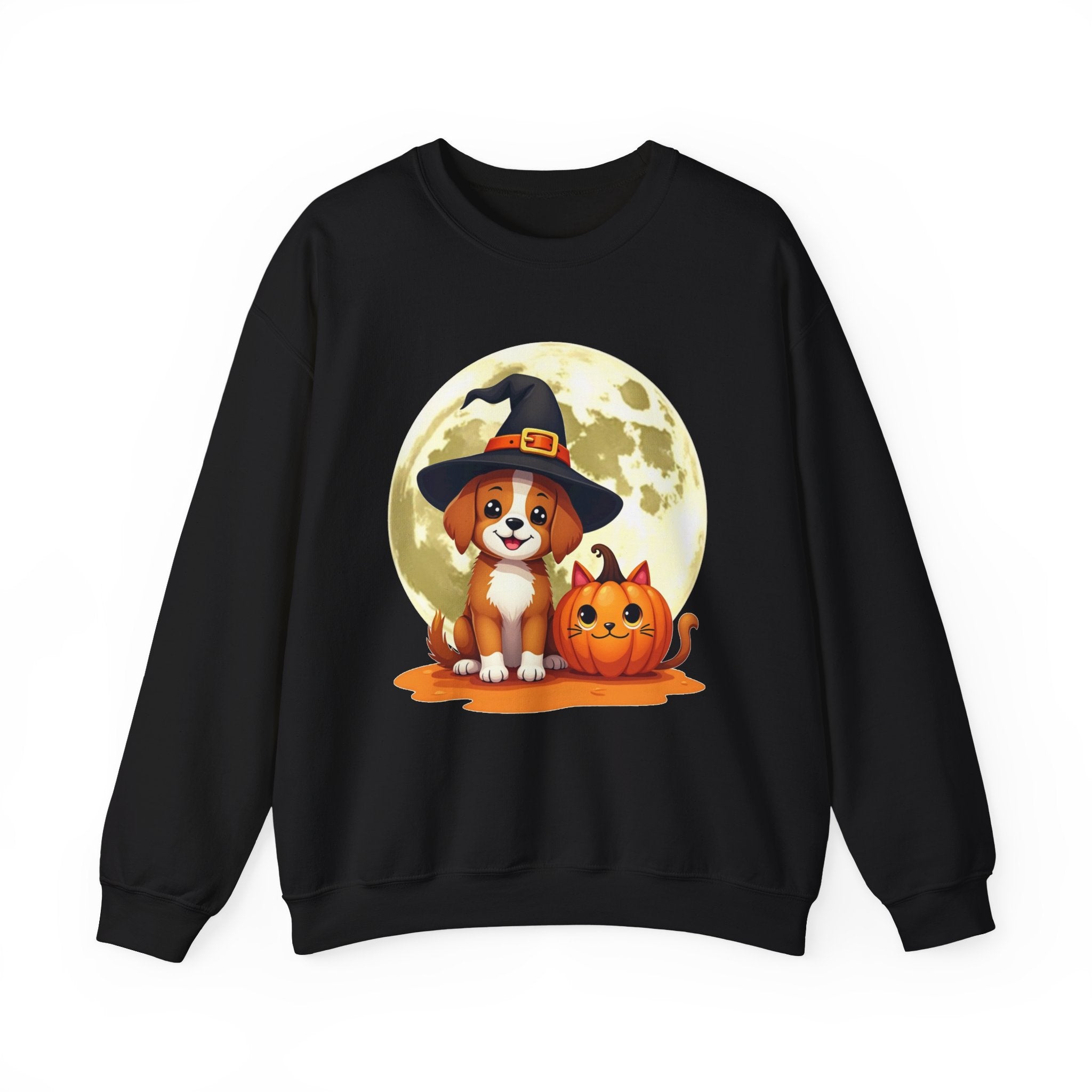 Black sweatshirt with Halloween design featuring a dog in a witch hat and pumpkin.