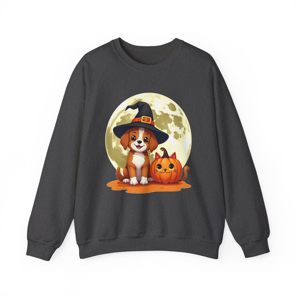 Dark heather sweatshirt with Halloween design featuring a dog in a witch hat and pumpkin.