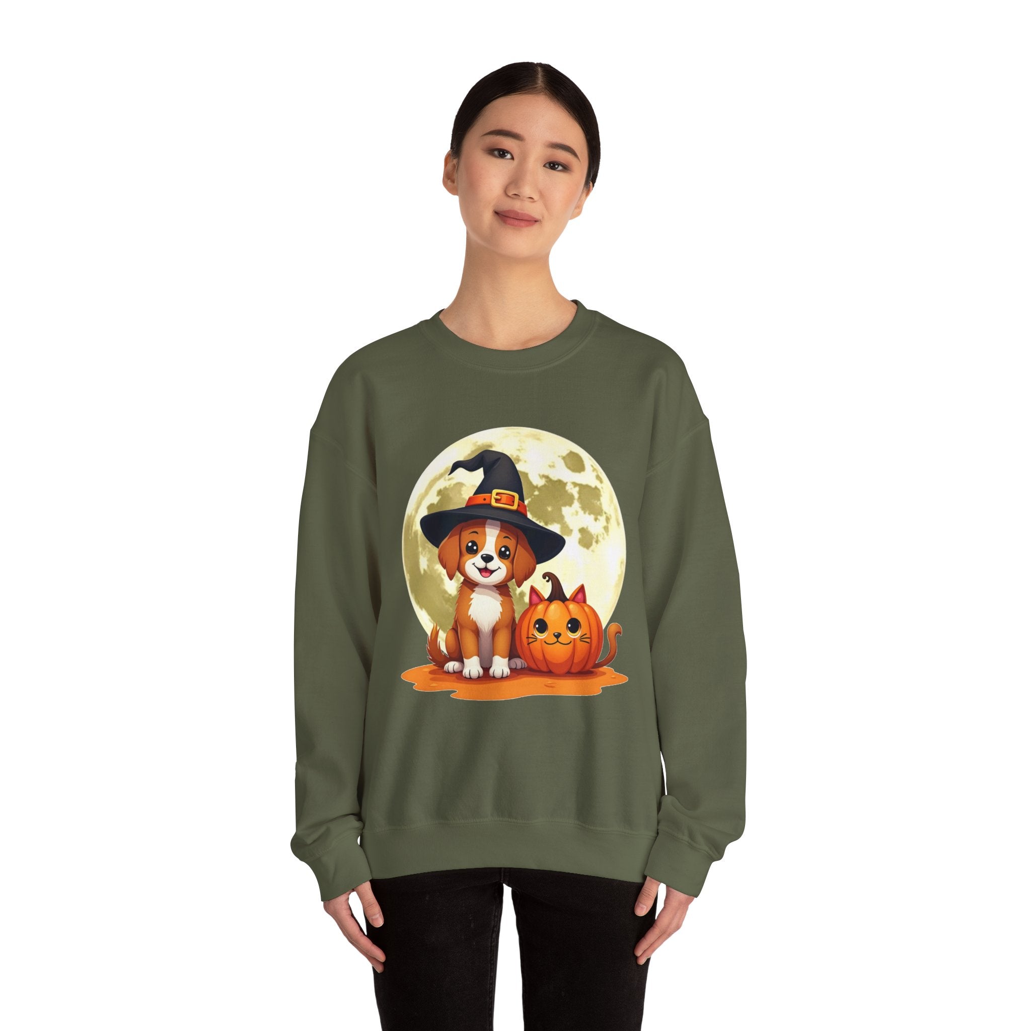 Person wearing a green sweatshirt with a Halloween-themed design featuring a dog and pumpkin.