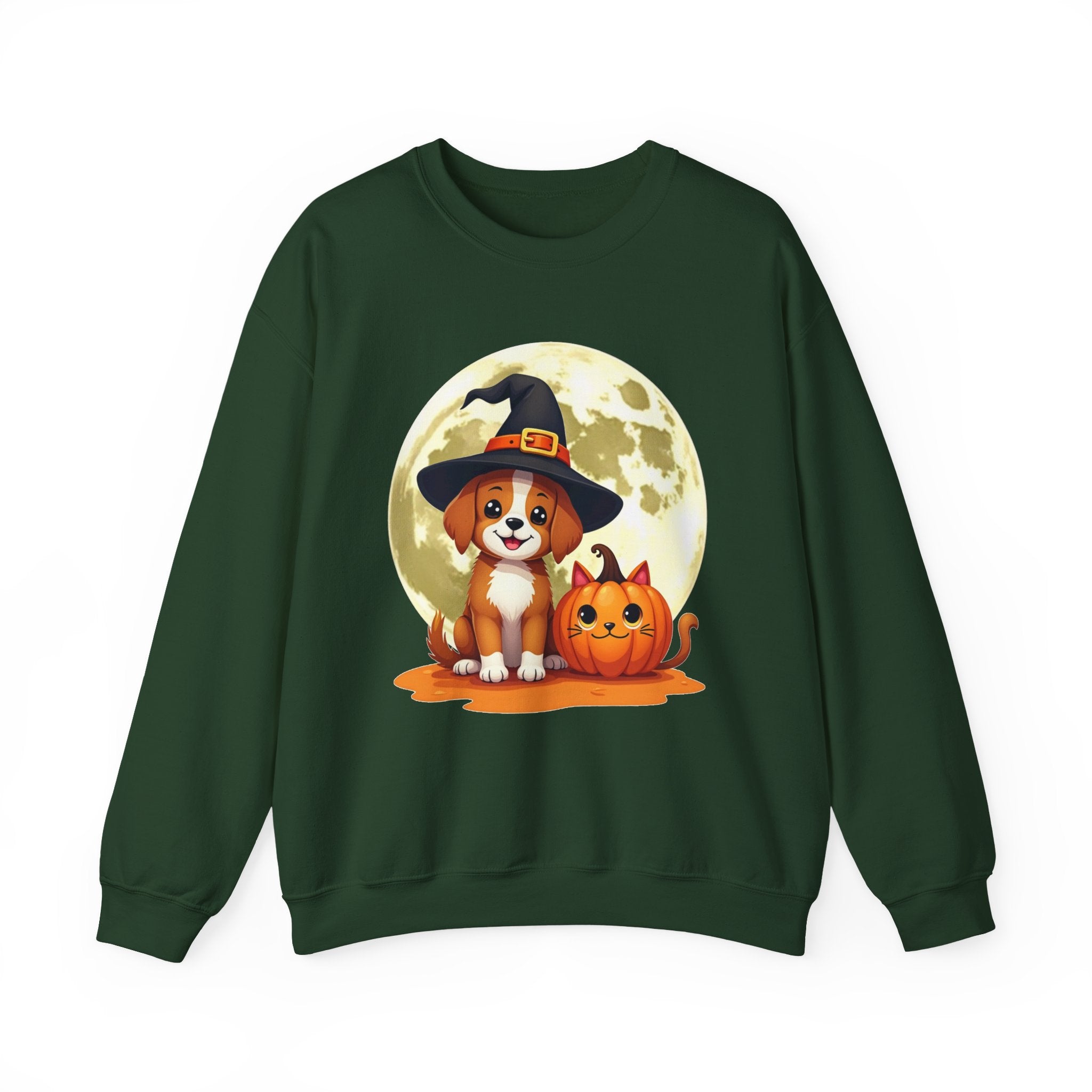 Forest green sweatshirt with a Halloween-themed design featuring a dog and pumpkin in front of a full moon.