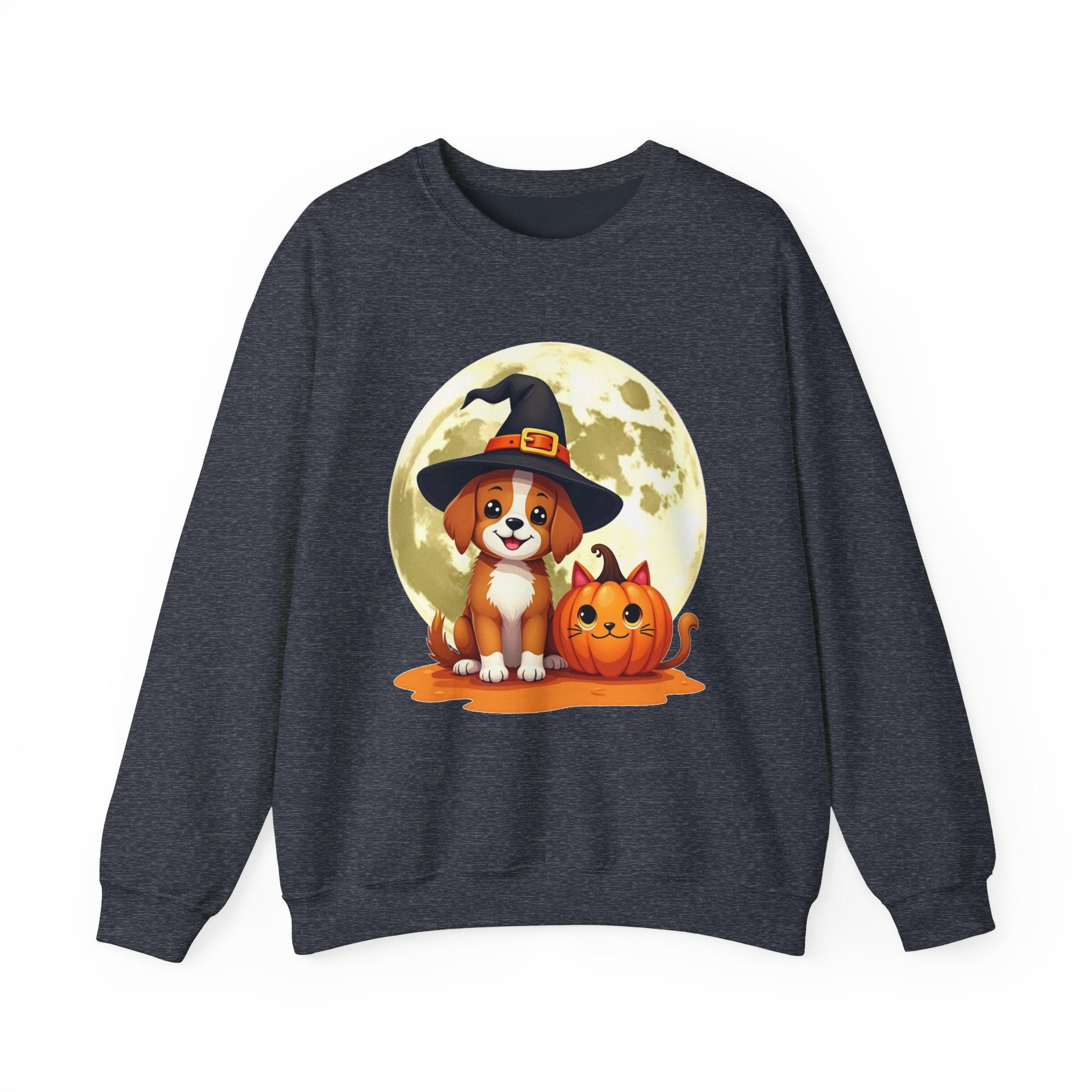 Heather sport dark navy sweatshirt with a Halloween-themed design featuring a dog and pumpkin on a white background