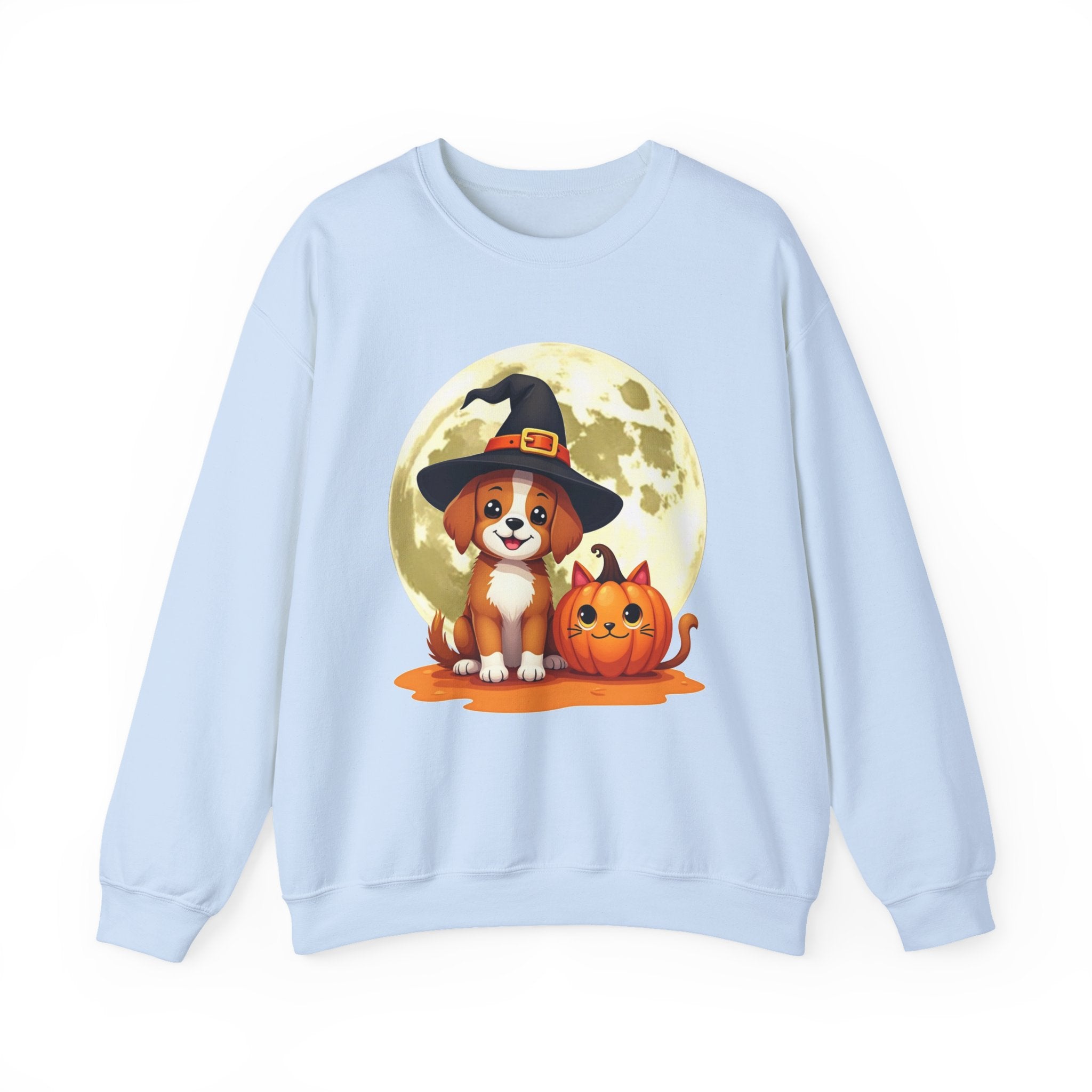 Light blue sweatshirt with a Halloween-themed design featuring a dog and pumpkin on a white background