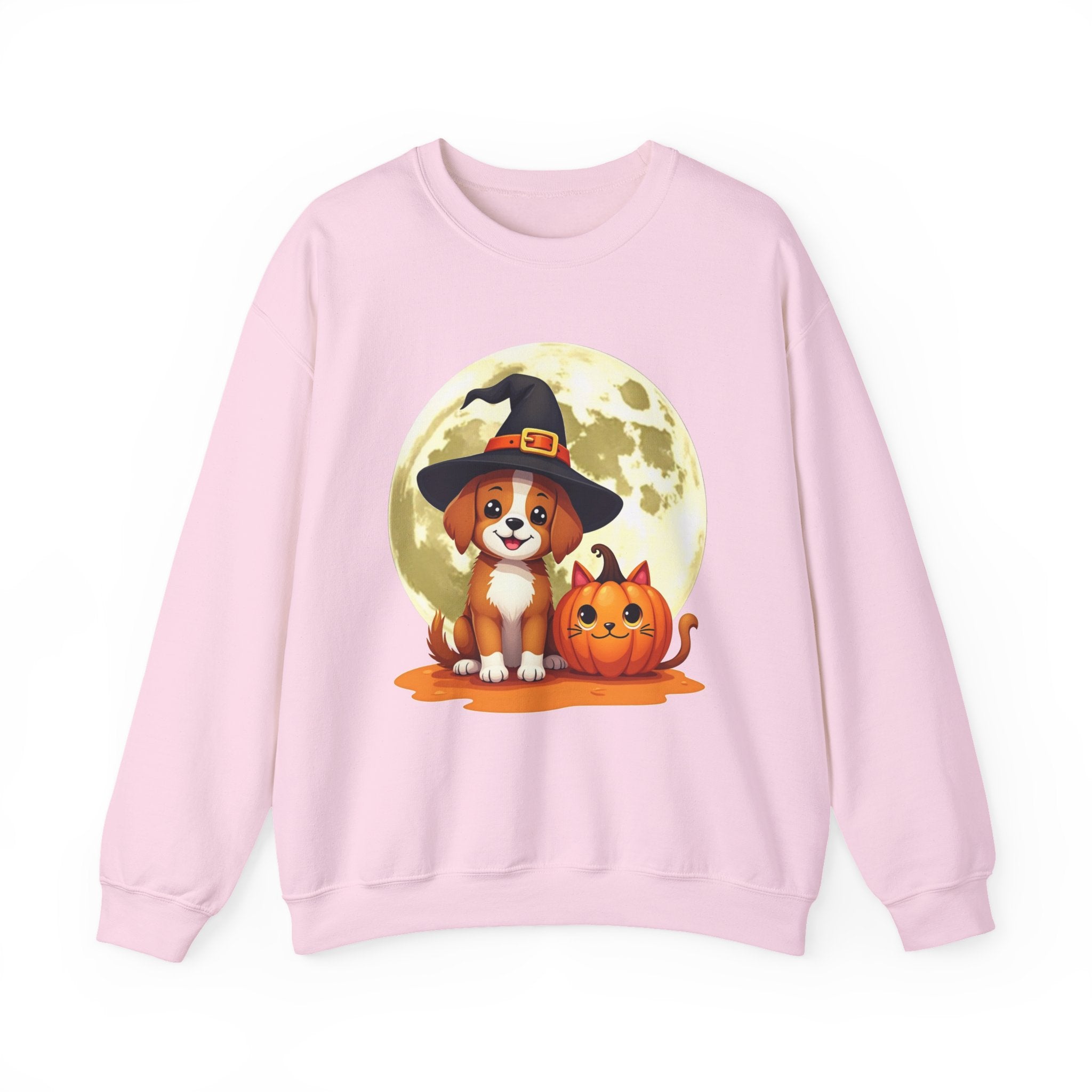 Pink sweatshirt with a Halloween-themed design featuring a dog and pumpkin on a white background