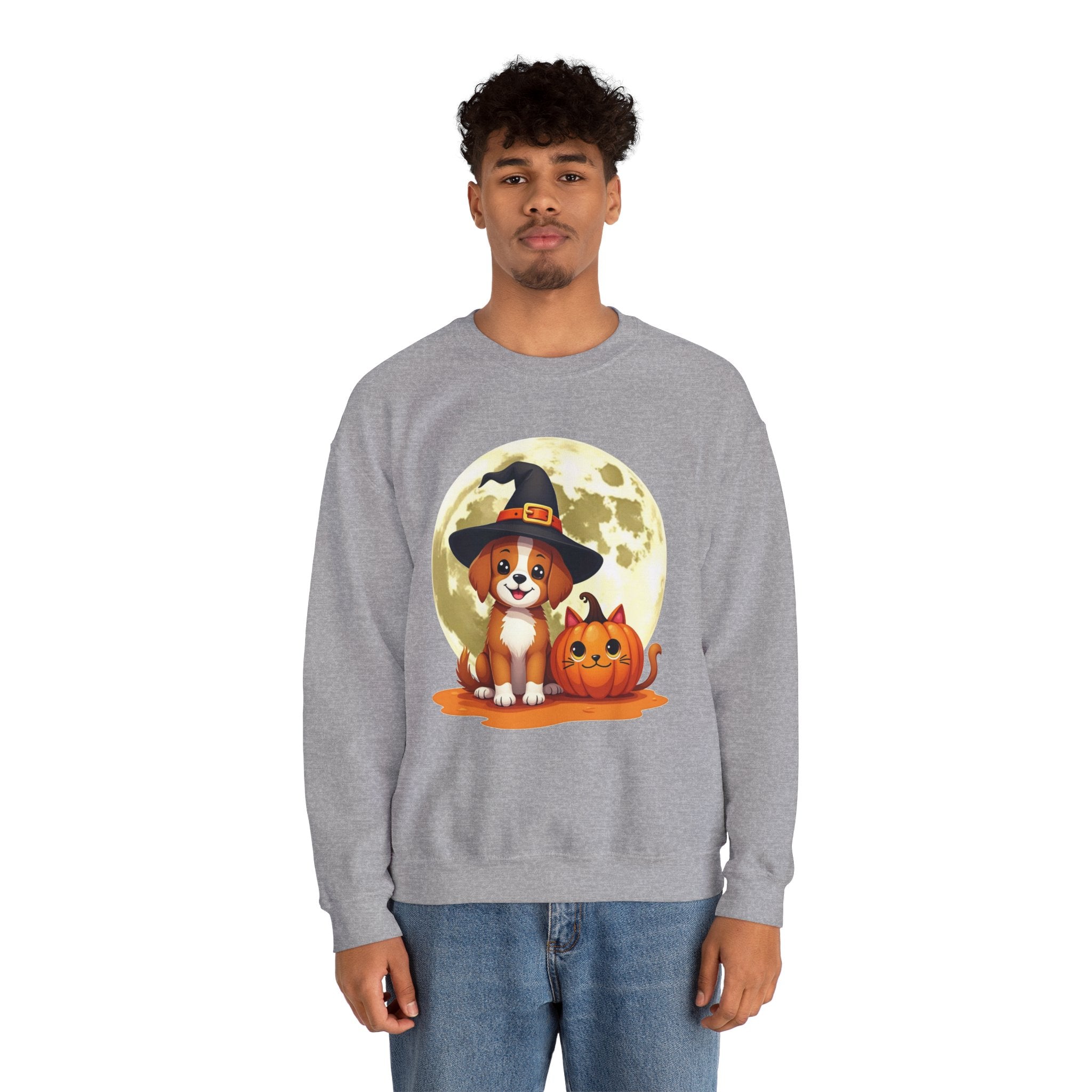 Person wearing a gray sweatshirt with a Halloween-themed design featuring a dog in a witch hat and pumpkin.