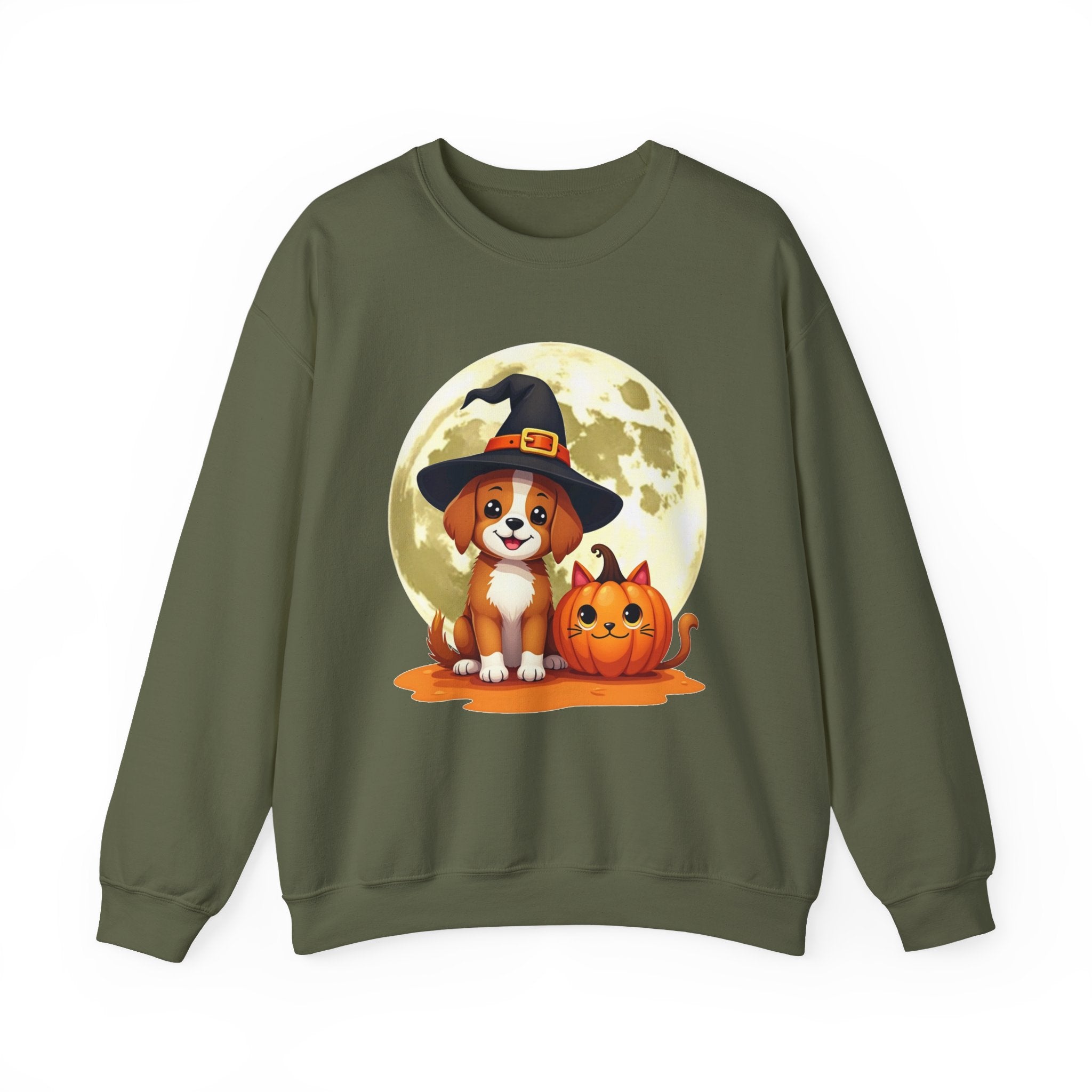 Military green sweatshirt with a Halloween design featuring a dog in a witch hat and pumpkin.