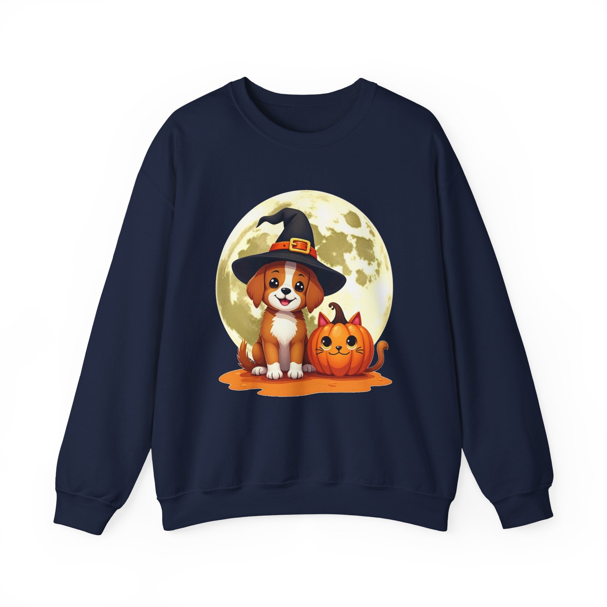 Navy blue sweatshirt with Halloween design featuring a dog and pumpkin in front of a full moon.
