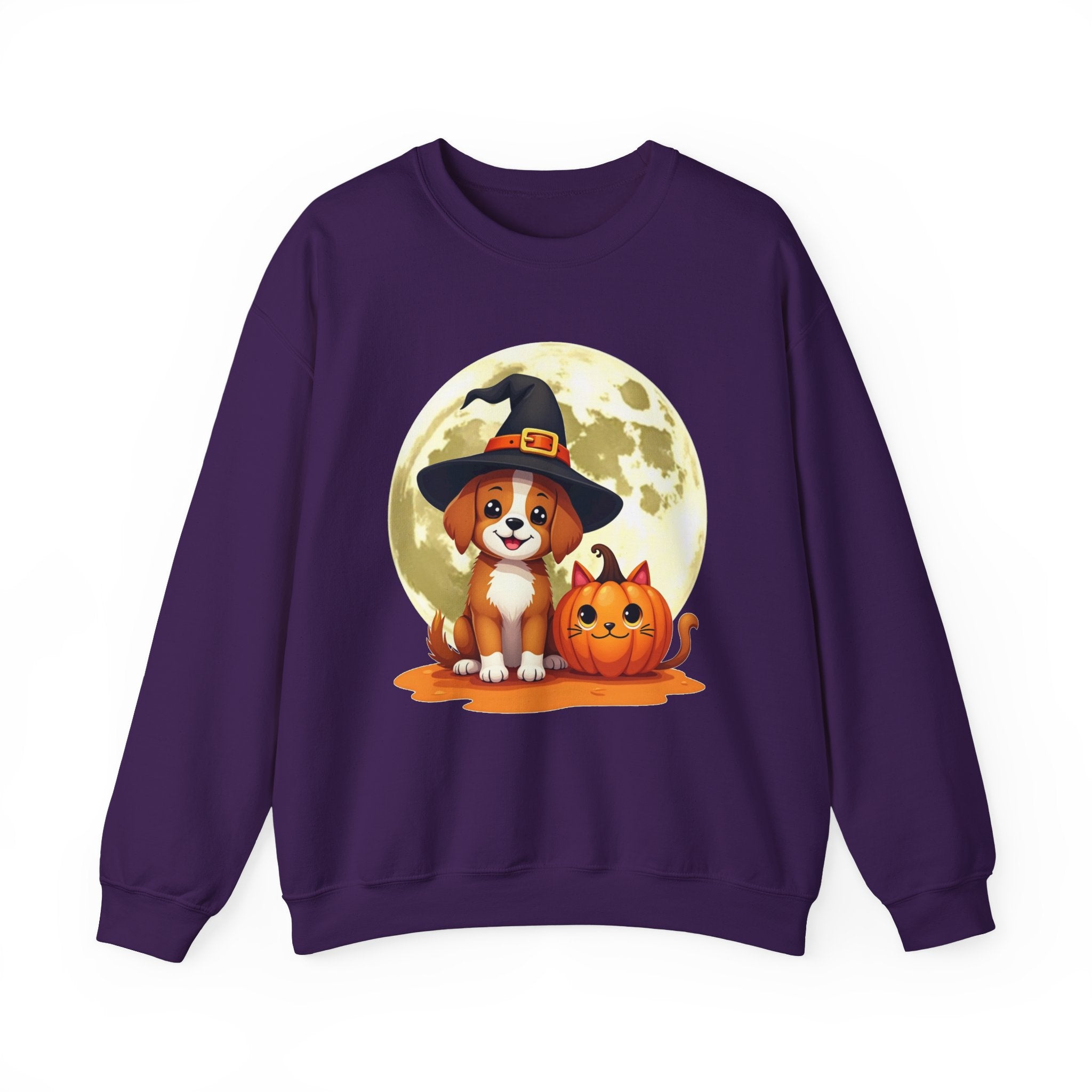 Purple sweatshirt with Halloween-themed design featuring a dog and pumpkin in front of a full moon.