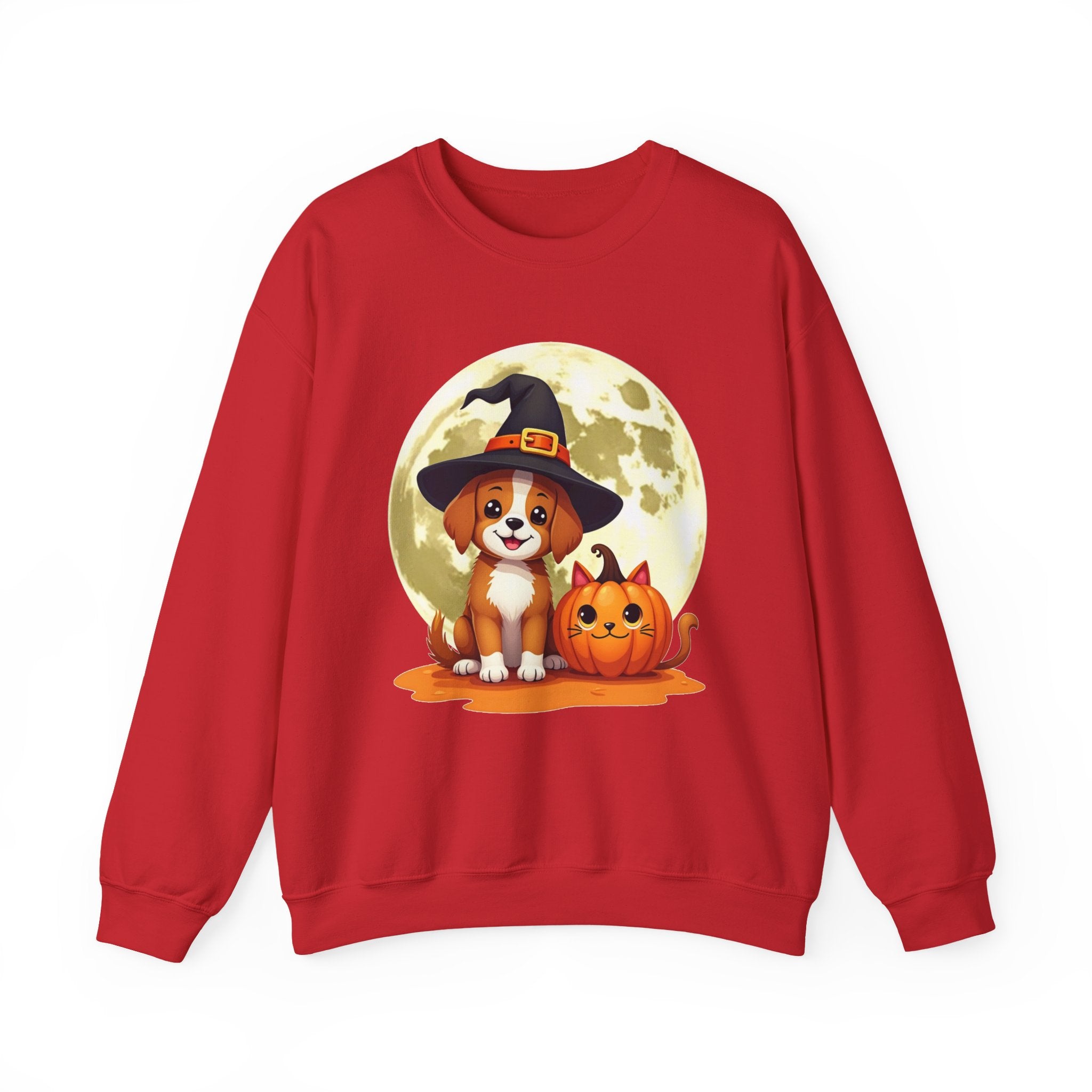 Red sweatshirt with a Halloween-themed design featuring a dog and pumpkin on a white background