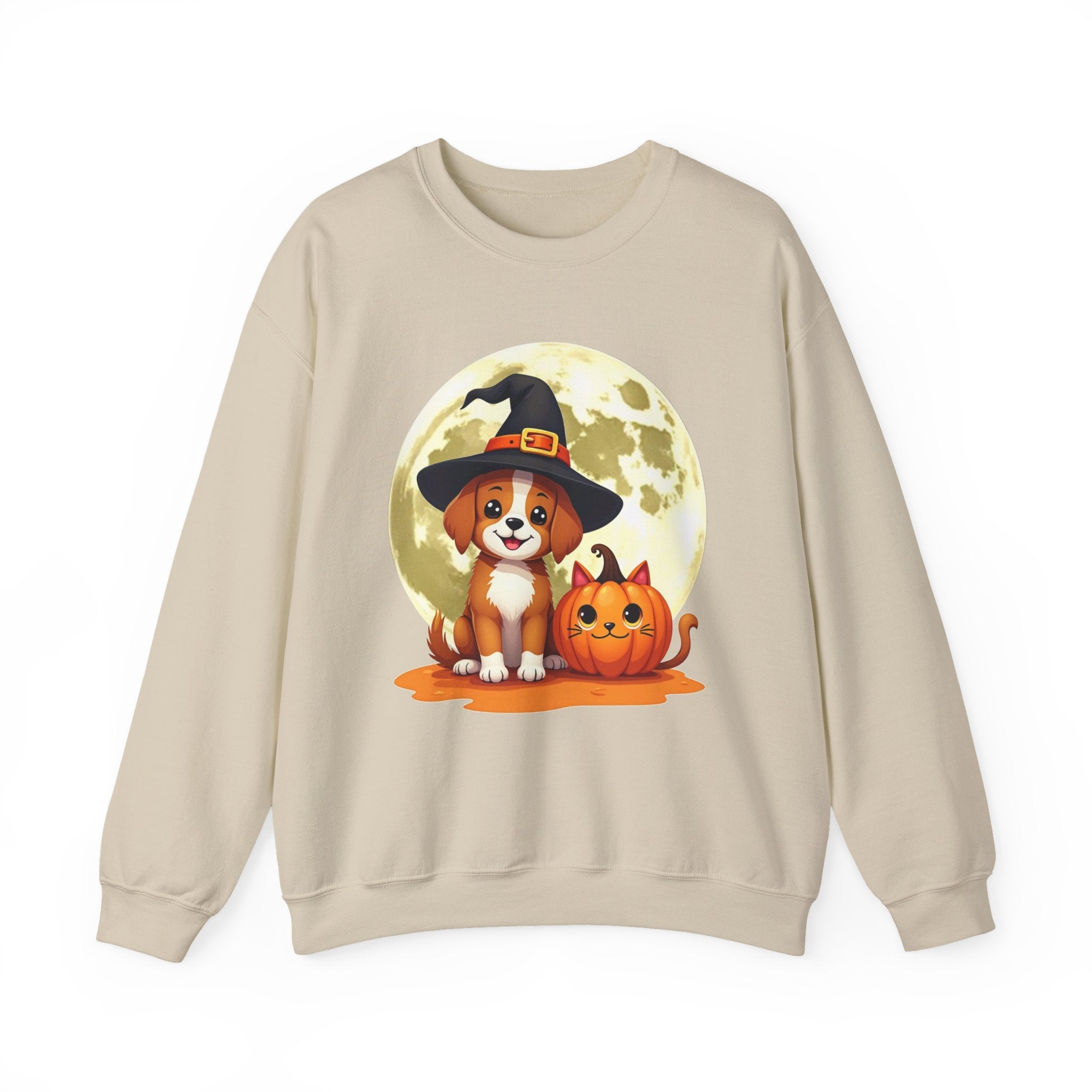 Beige sweatshirt with a Halloween-themed design featuring a dog in a witch hat and pumpkin.
