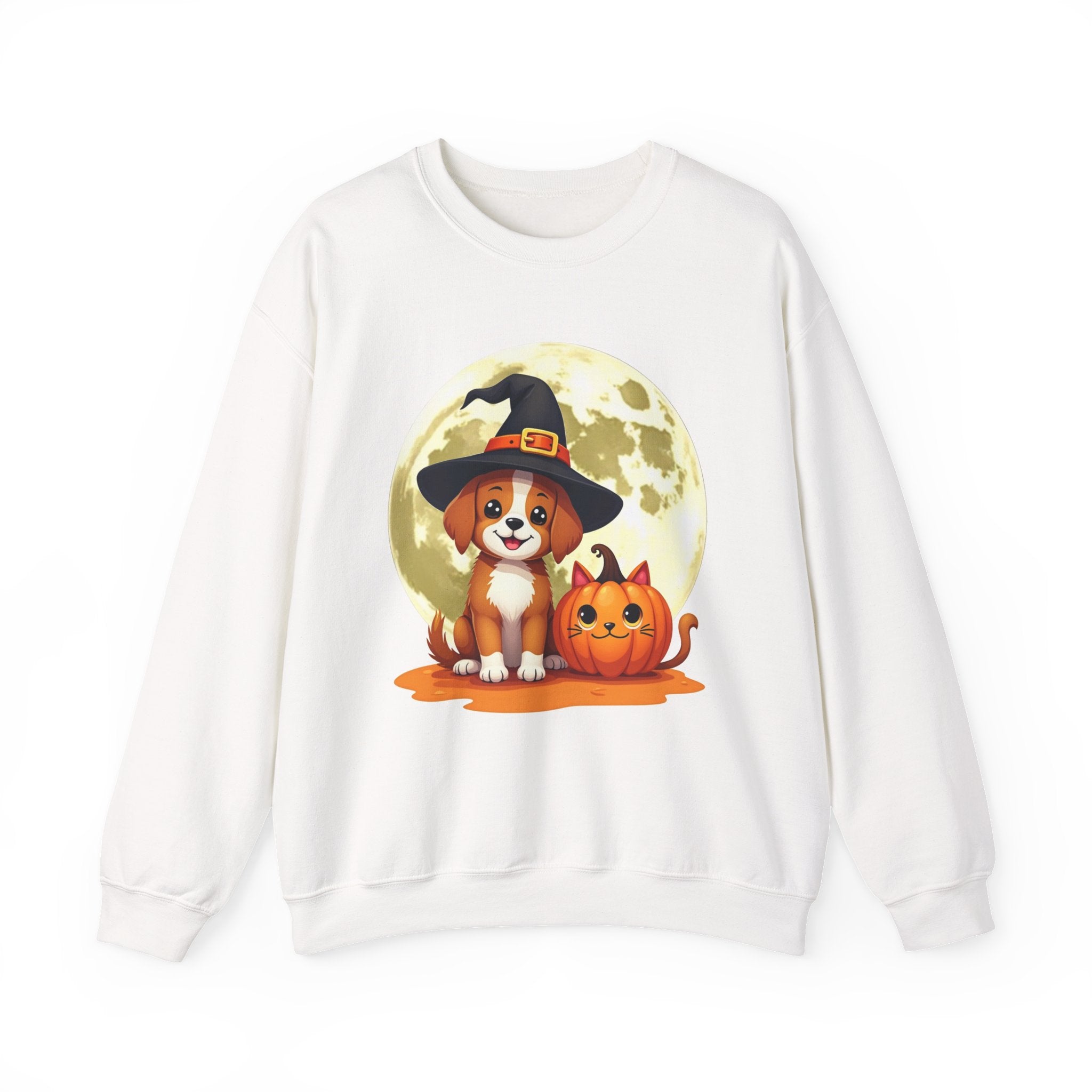 White sweatshirt with a Halloween-themed design featuring a dog in a witch hat and pumpkin.