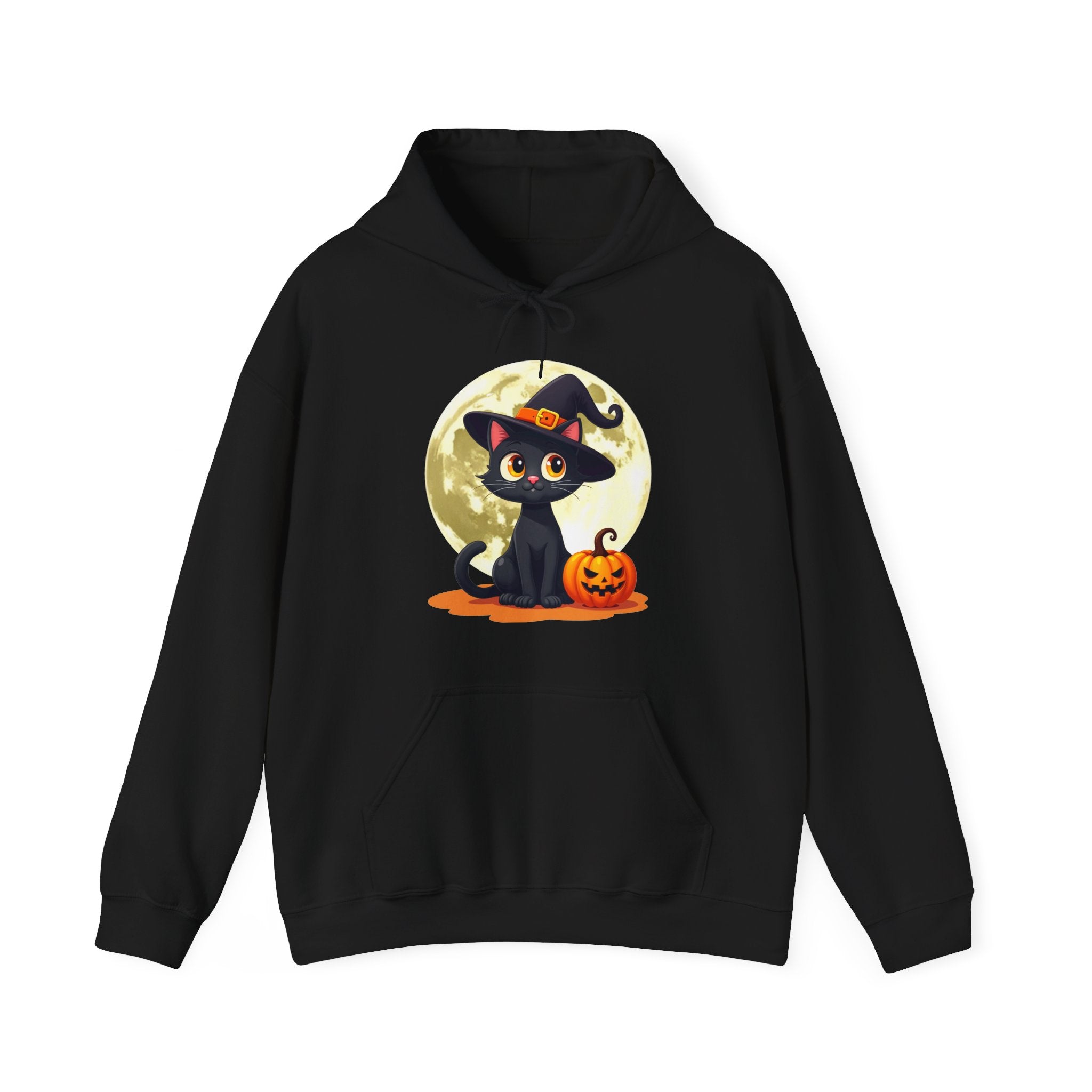 Black hoodie with a Halloween-themed design of a cat in a witch hat and pumpkin on a full moon background.
