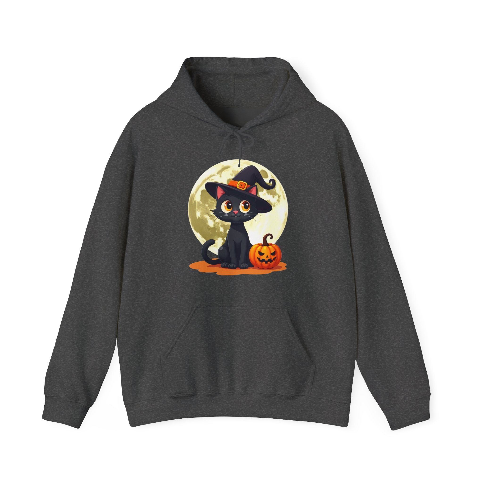 Dark gray hoodie with a Halloween-themed design of a black cat in a witch hat and pumpkin in front of a full moon.