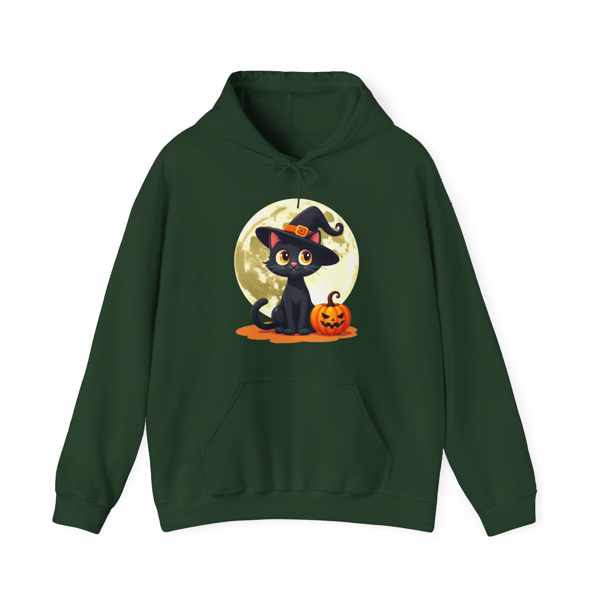 Forest green hoodie with a Halloween-themed design of a black cat in a witch hat and pumpkin in front of a full moon.