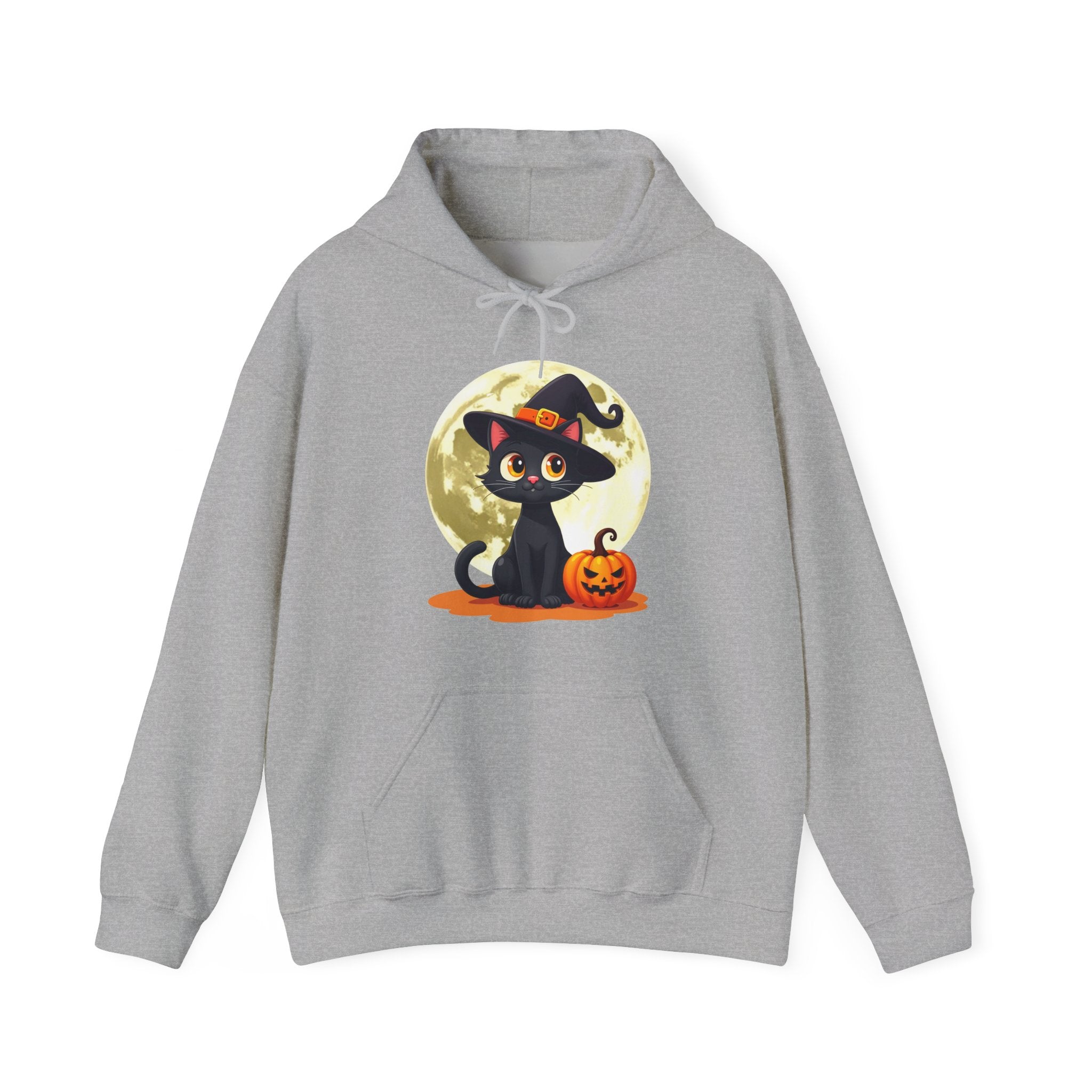 Gray hoodie with a Halloween-themed design featuring a black cat and pumpkin on a white background