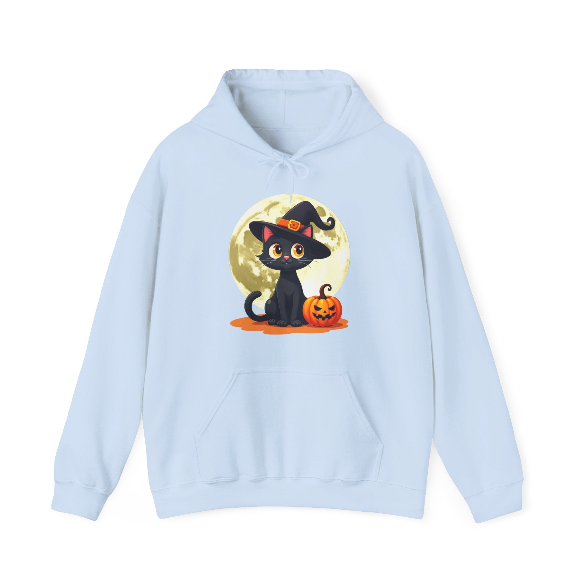 Light blue hoodie with a Halloween-themed black cat design on a white background