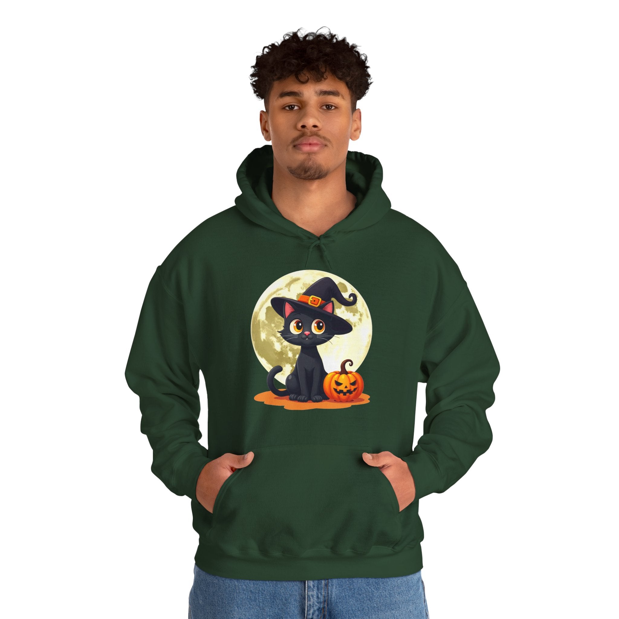 Person wearing a green hoodie with a Halloween design of a black cat and pumpkin.