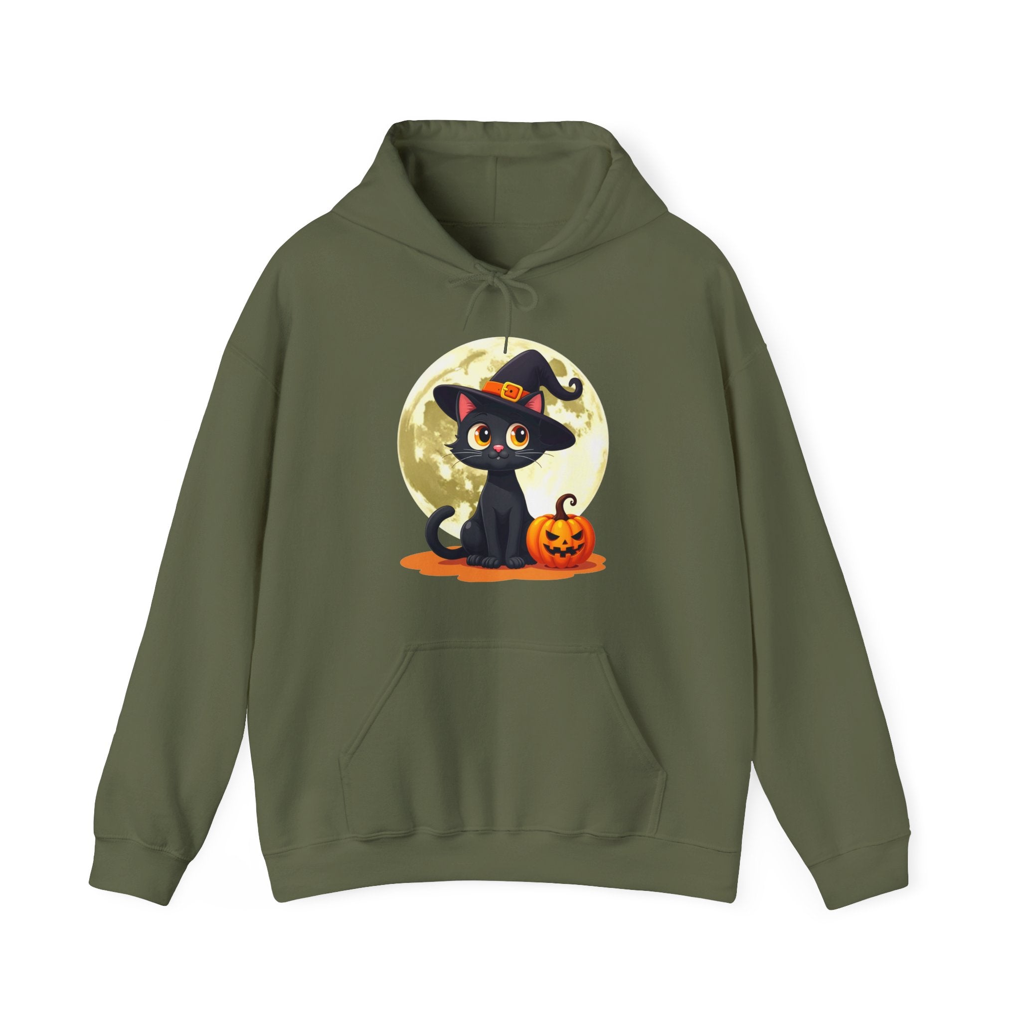 Military green hoodie with a Halloween-themed design of a black cat in a witch hat and pumpkin.