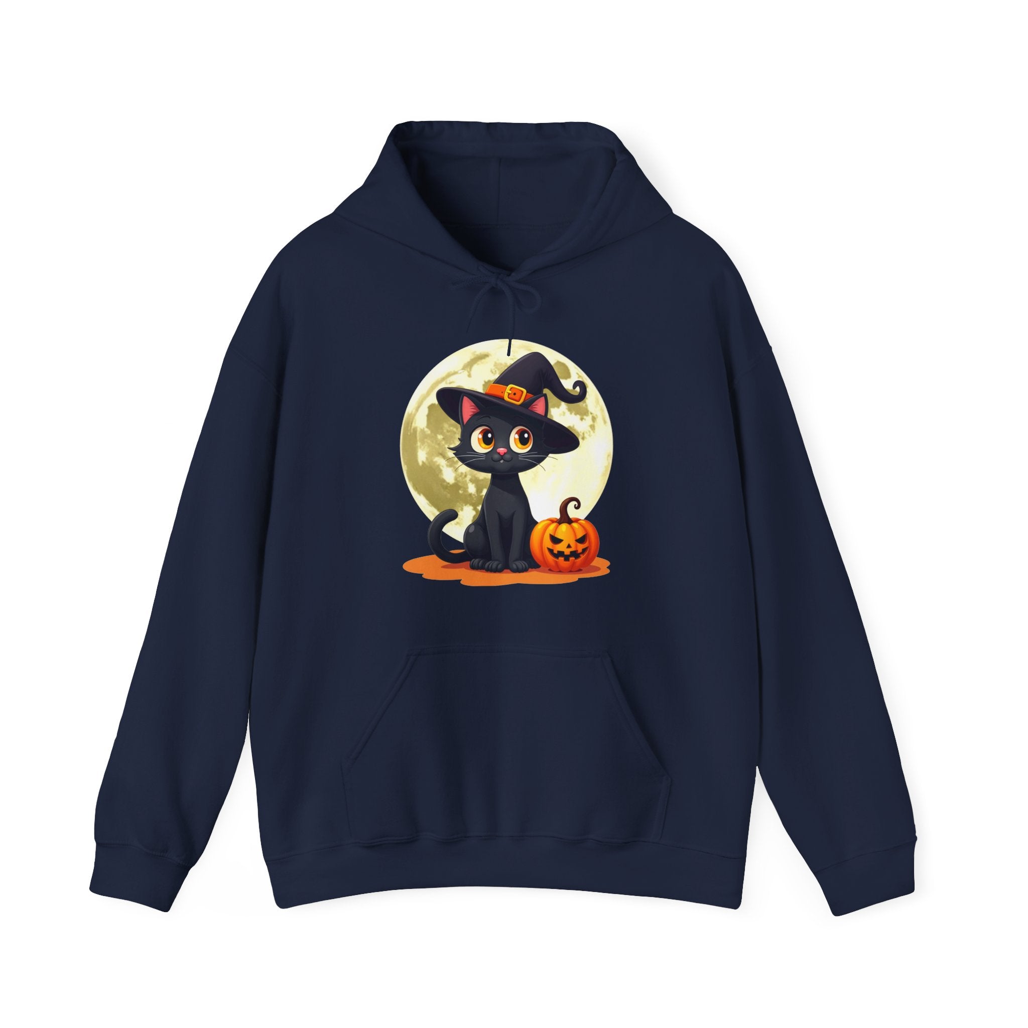 Navy blue hoodie with a Halloween-themed design featuring a black cat in a witch hat and pumpkin.