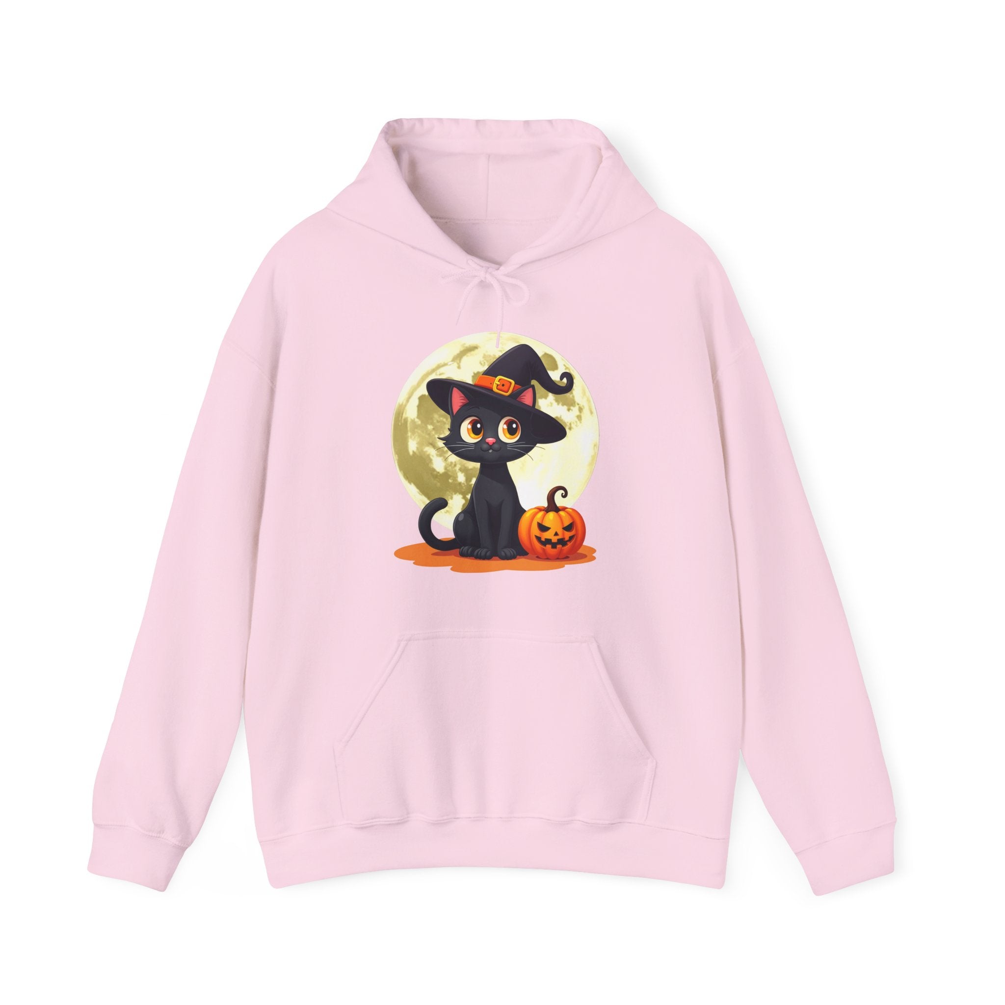 Pink hoodie with a Halloween-themed design featuring a black cat and pumpkin on a white background.
