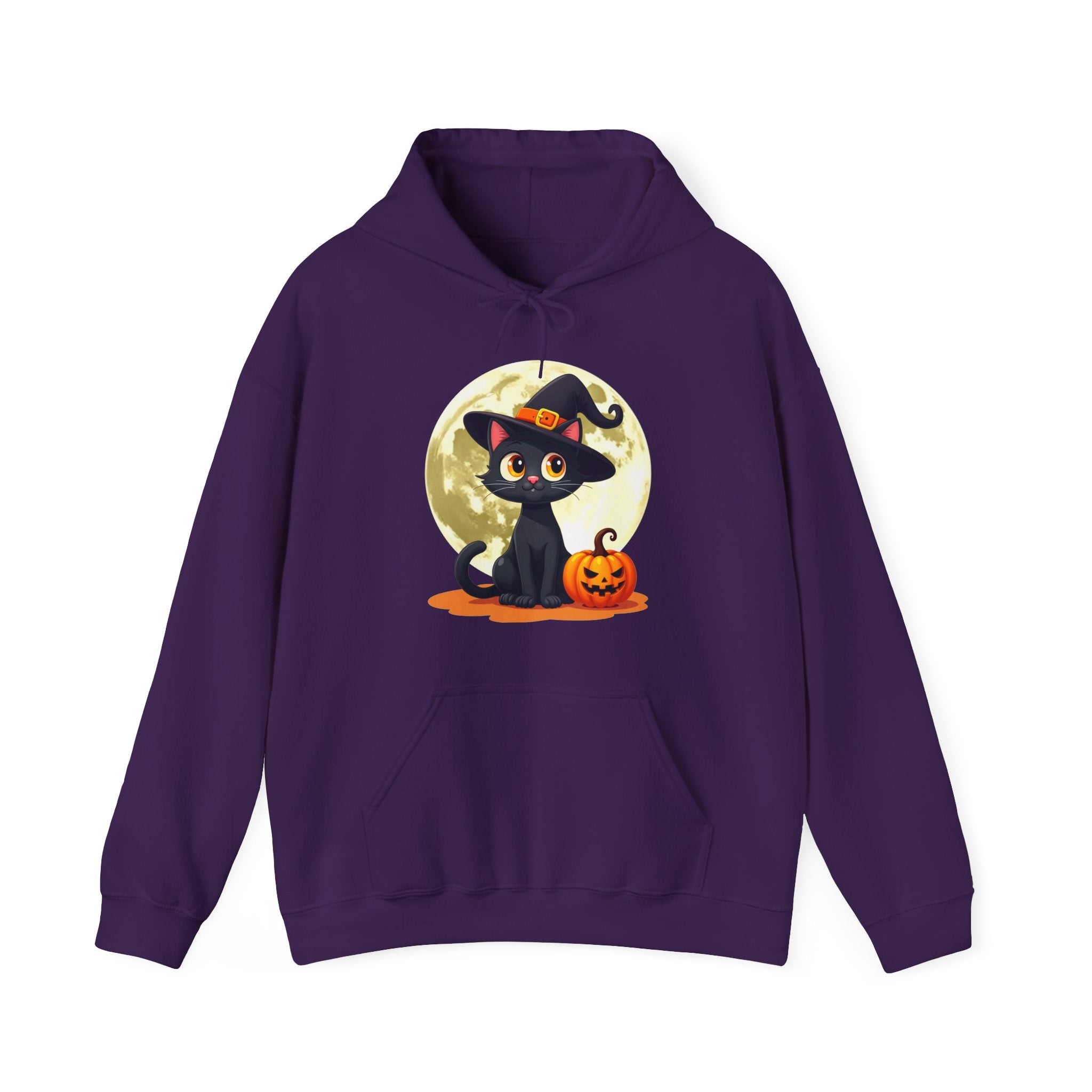 Purple hoodie with a Halloween-themed design featuring a black cat in a witch hat and pumpkin.