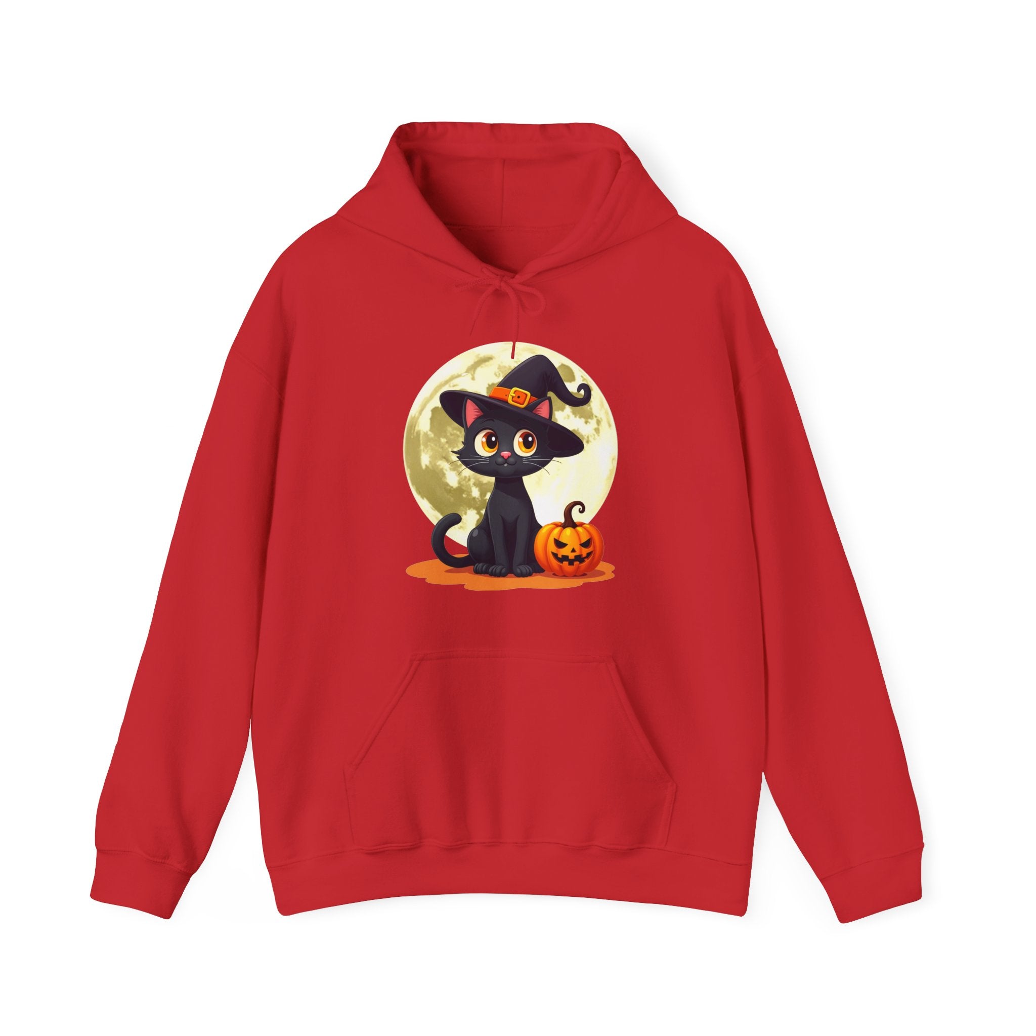 Red hoodie with a Halloween design of a black cat in a witch hat and pumpkin on a white background