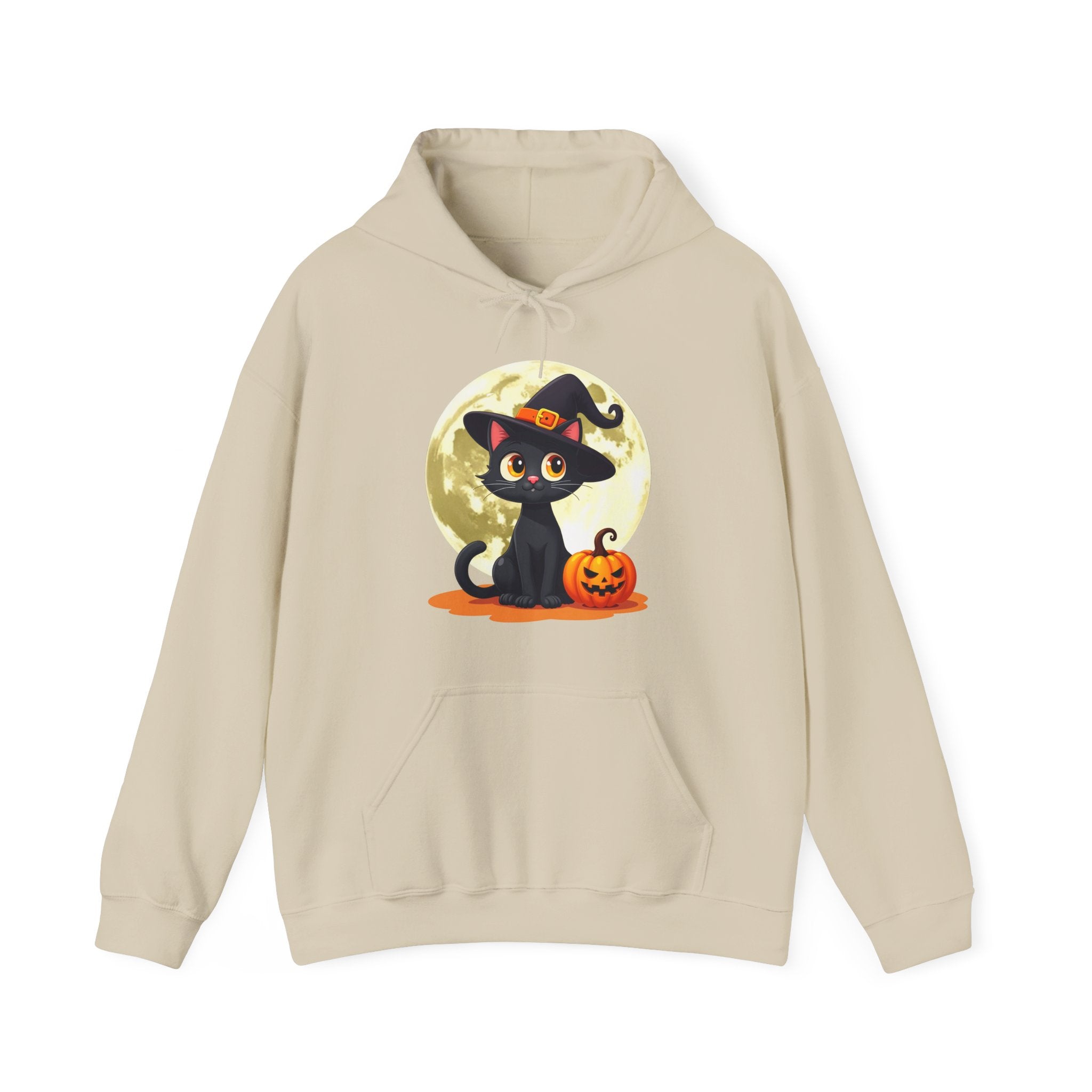 Beige hoodie with a Halloween-themed design featuring a black cat in a witch hat and pumpkin.