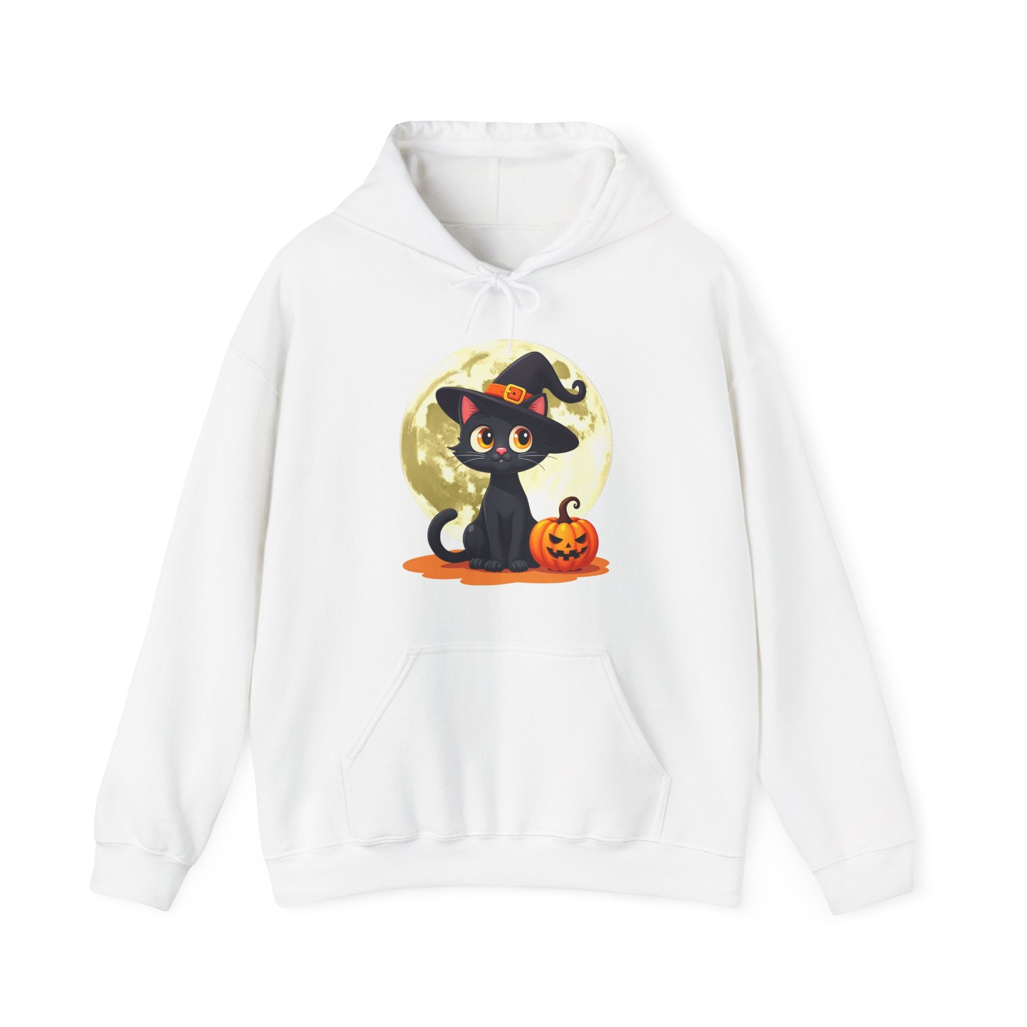 White hoodie with a Halloween-themed design featuring a black cat and pumpkin on a white background